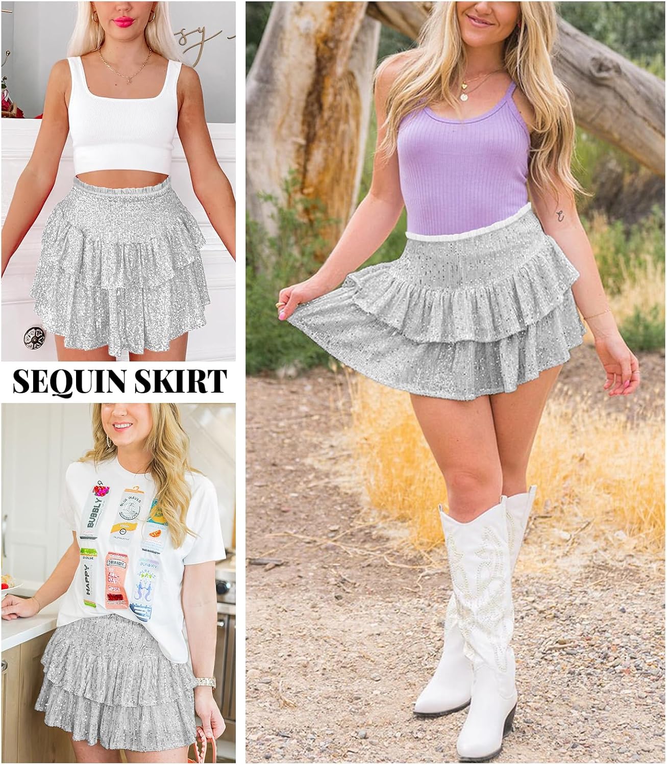 Women Sequin Skirt Sparkly Cute High Waist Ruffle Flowy Shiny Glitter Mini Short Skirts Night Out Club Party - Image 4