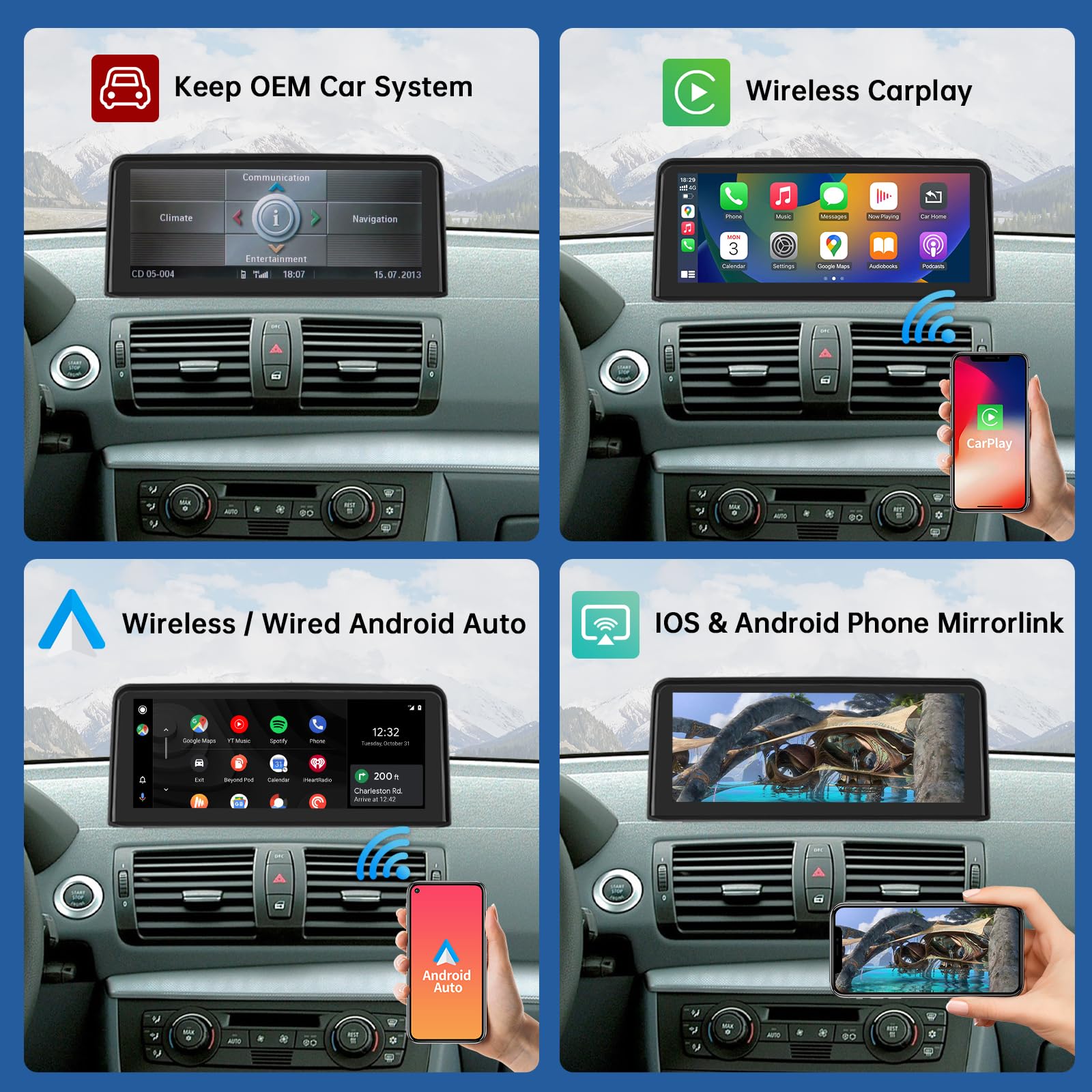 Road Top 10,25 cala Bezprzewodowy odtwarzacz radiowy CarPlay/Android Auto/Mirrorlink/GPS dla BMW 1 serii E81/E82/E87/E88 2004-2008 rok z systemem CCC