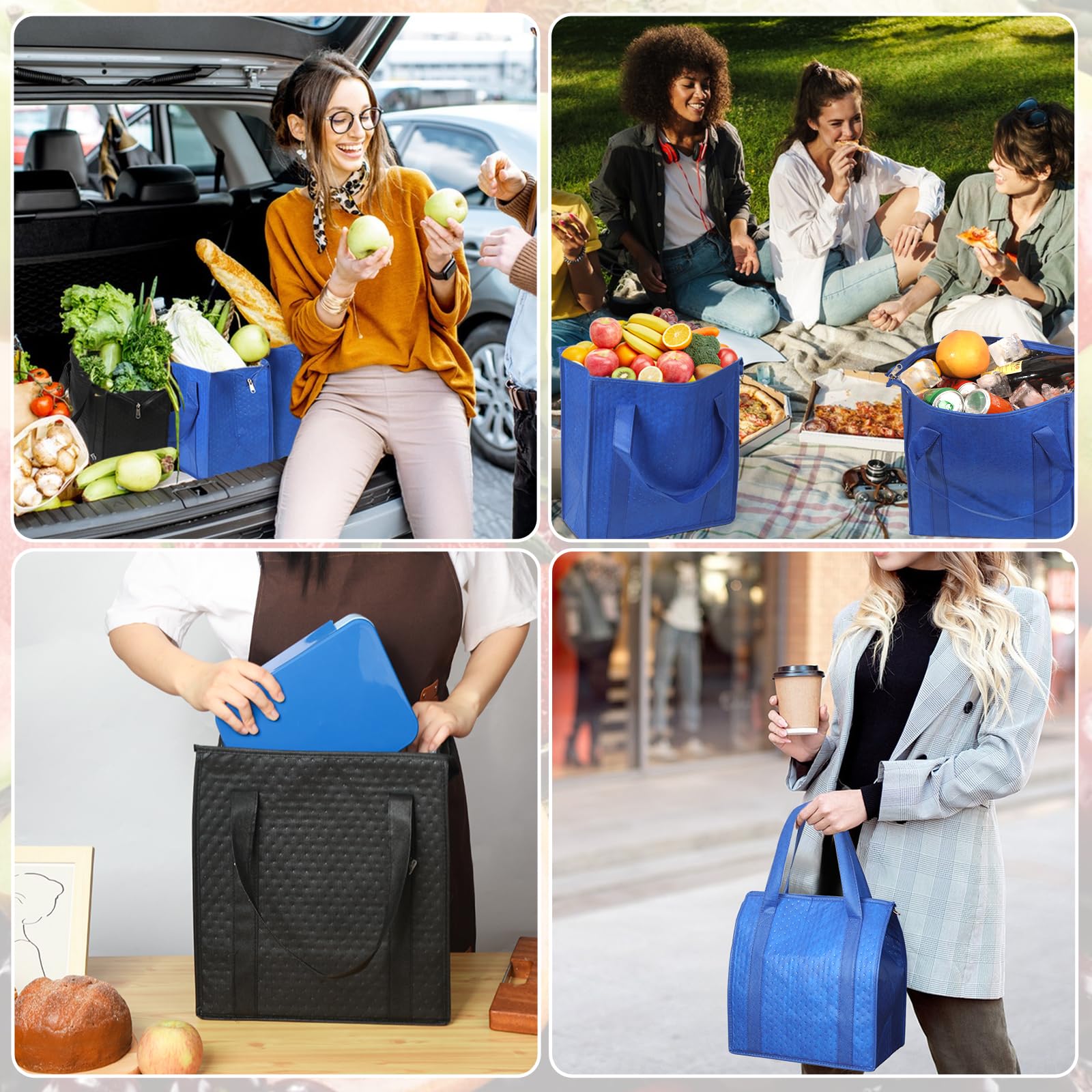 VZZNN 20 Pcs Insulated Shopping Bags for Groceries with Zipper & Handles, Large Foldable Cooler Bags for Hot & Cold Food