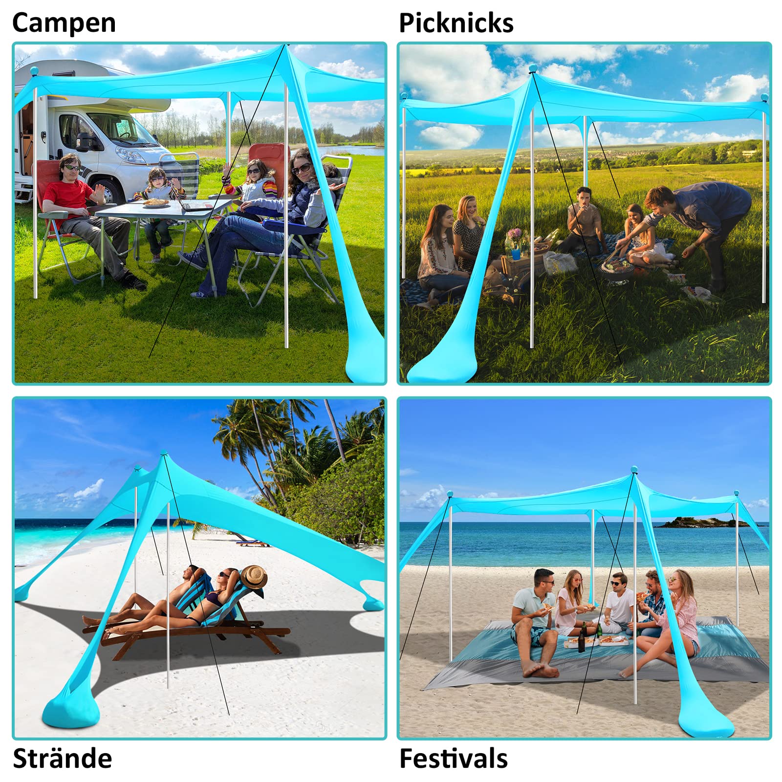 Strandzelt UV Schutz Sonnensegel 3 × 3m Outdoor-Schatten Camping Angeln Picknick Seegrün