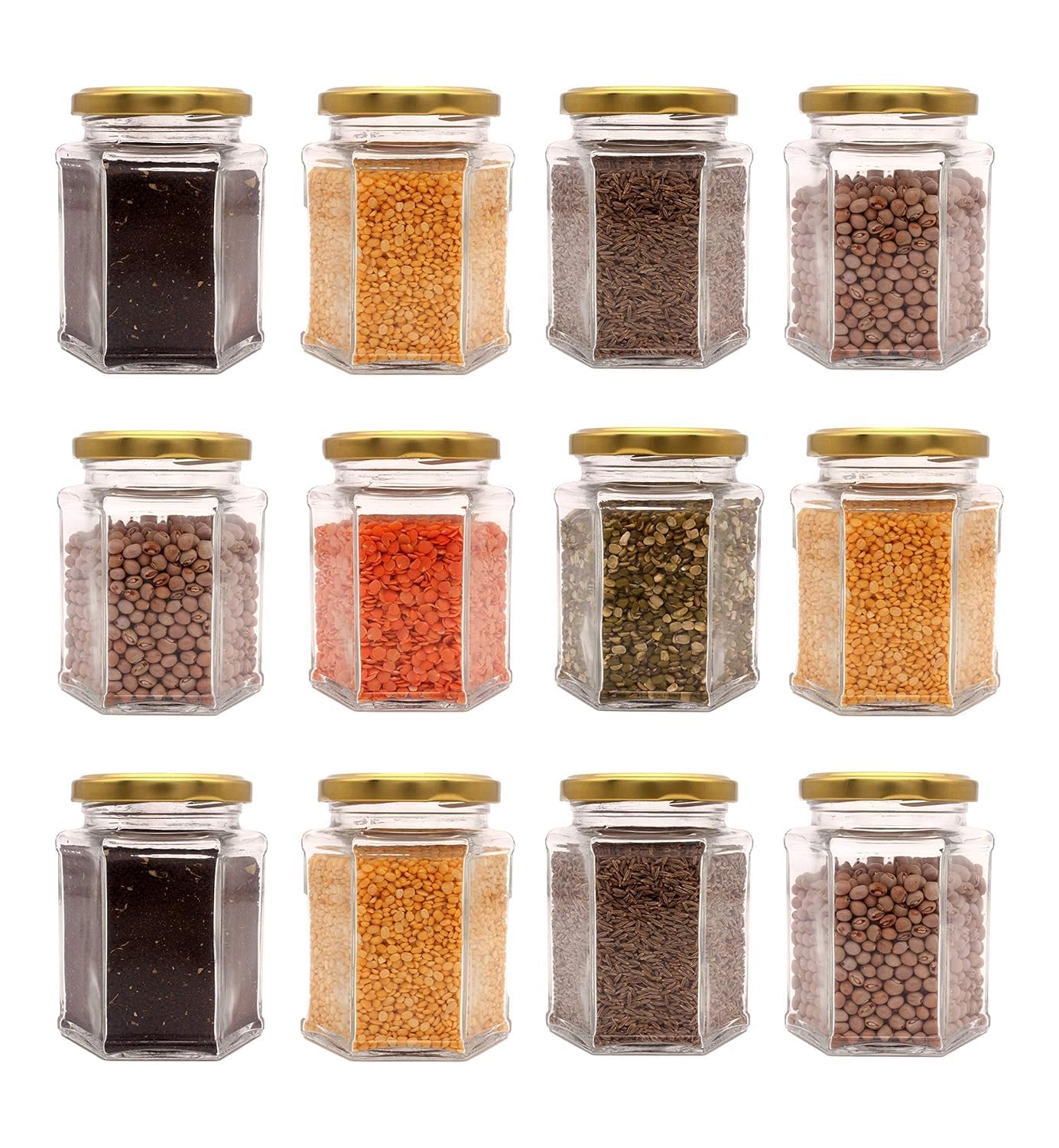 Transparent Glass Jar and Container Airtight Metal Lid for Kitchen 400 ml Mataka Glass Jar with Airtight Lid Container For Ghee Pickle Dryfruits Tea Coffee Sugar, Pack of (12, Hexagon, Gold)