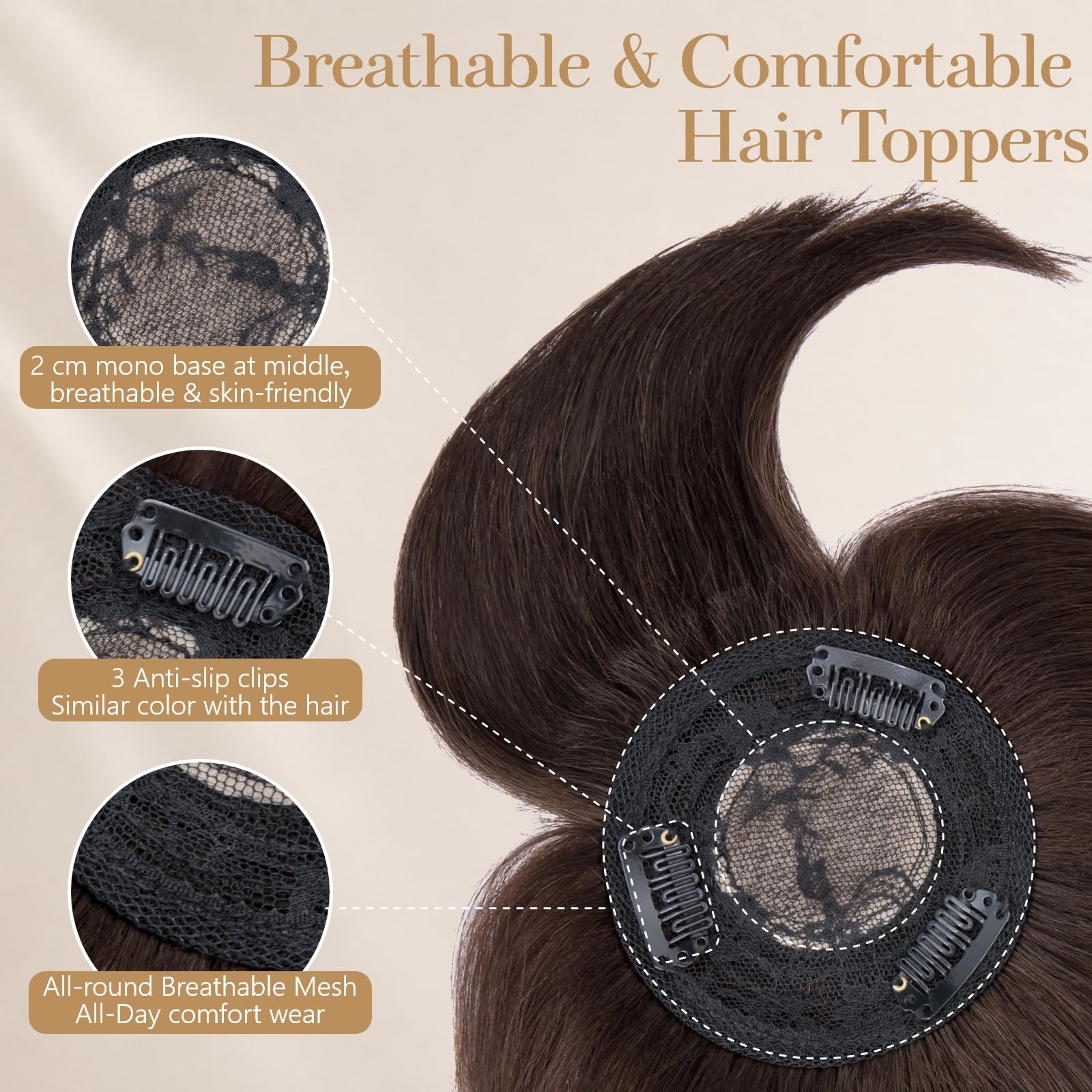 Rich Choices Pony Haarteile Echthaar für Damen Remy Human Hair Topper Echthaar 360°3D‑Abdeckung Haartopper Natürlicher Haarwirbel Oberkopf Clip in Haarteile mit Pony 25cm #2 Dunkelbraun