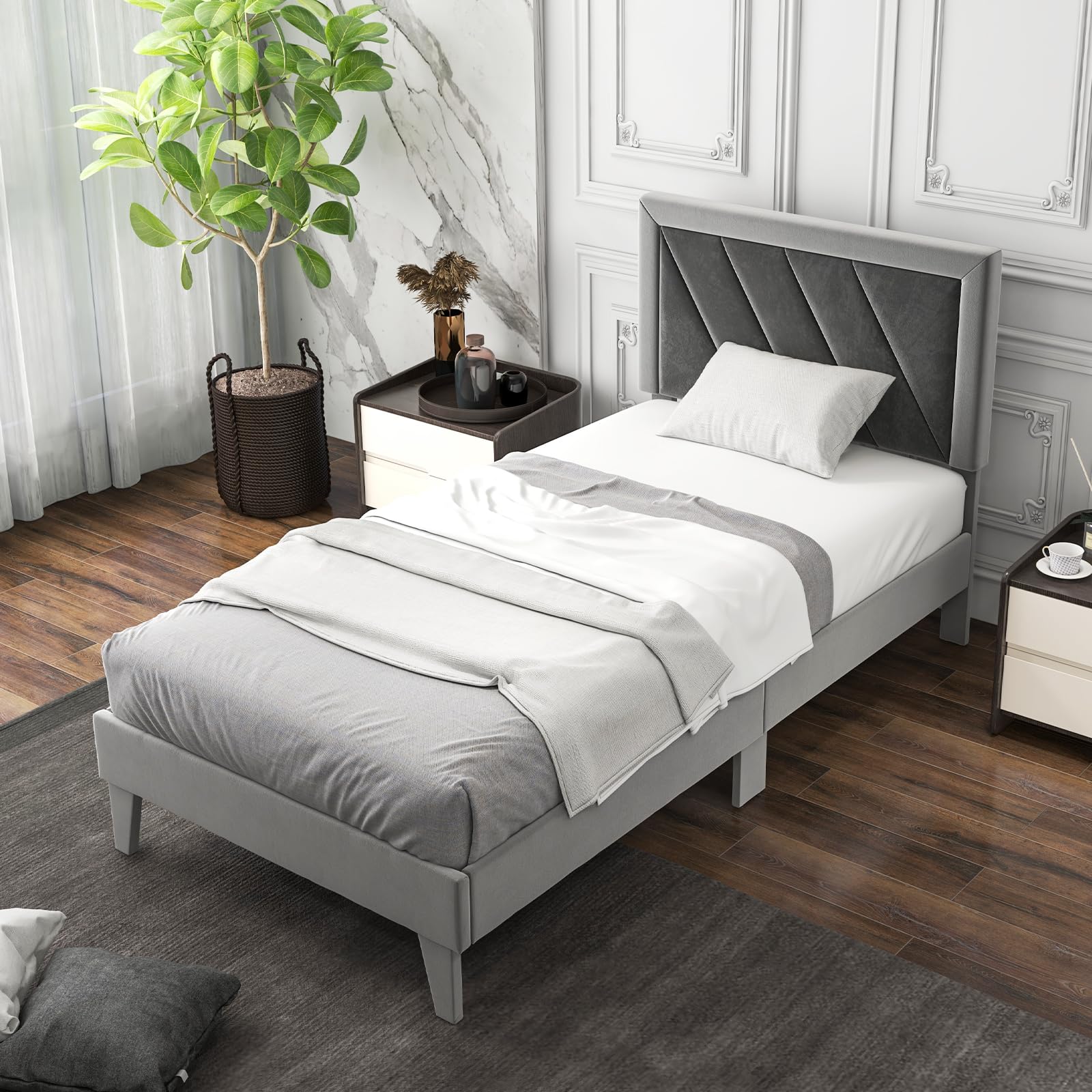 COSTWAY 3FT/4FT6 Bed Frame, Single/Double Velvet Upholstered Platform Bed Frame with High Headboard, Wooden Slat Support Bedstead Base Mattress Foundation, No Box Spring Needed (Single-194x95cm)