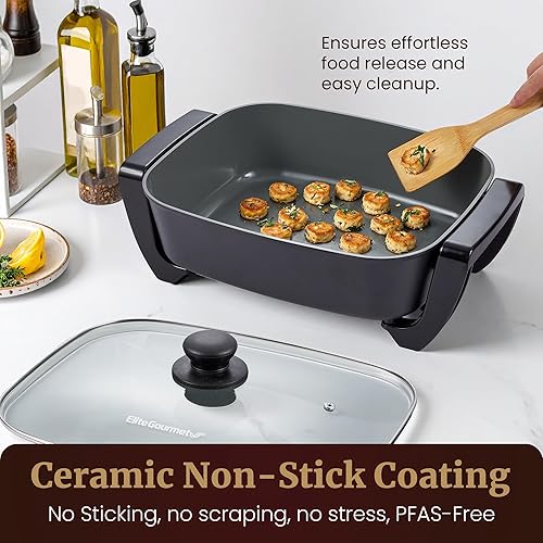 Miniatura 5 de Elite Gourmet Sartén eléctrica de 15" x 12" x 4", plato extra profundo, Ceralast sin PFAS Ceralast, calor rápido de 1500 W, tapa ventilada de vidrio