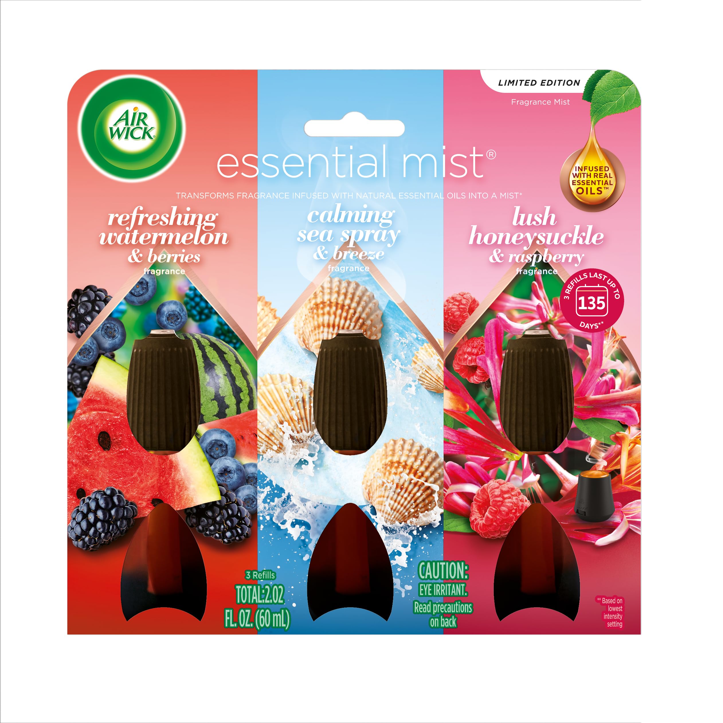 AIR WICK Essential Mist - Triple Refill Multi-Fragrance Pack Spring (3X.67) oz. Triple Pack - Refreshing Watermelon & Berries, Calming Sea Spray & Breeze, and Lush Honeysuckle & Raspberry 60 ml (Pack of 1)