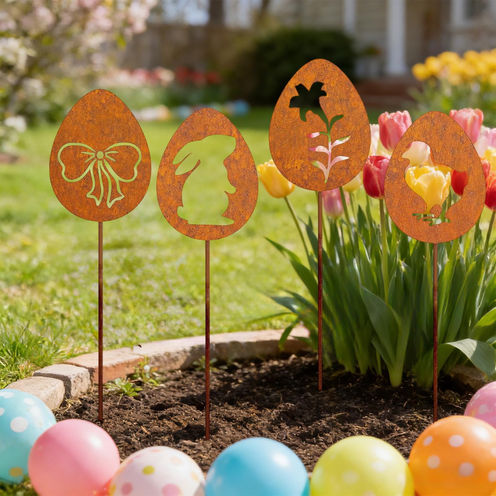 Easter Bunny Garden Stake, Metal Bunny Garden Decor Stakes,Rust Decorative Garden Decoration for Outdoor Use, Patina Metal Rabbit Rust Stake Farm Spring Decoration Flowerbeds Planters Patios Lawn (D)
