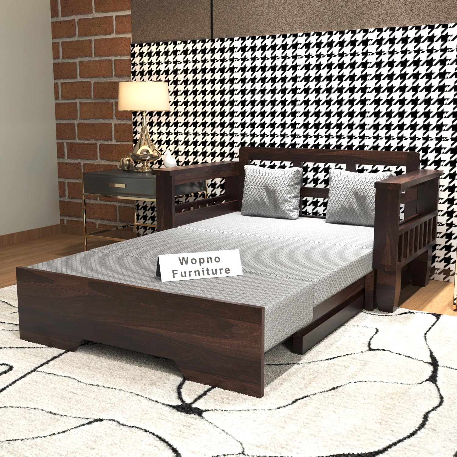 Solid Sheesham Wooden 2 Seater Sofa Cums Bed with Mattresses for Home Living Room | Rosewood 2 Seater Sofa Cums Bed for Bedroom Without Pillow | Wooden Sofa Bed (Walnut B, 2 Seater)-picture-24
