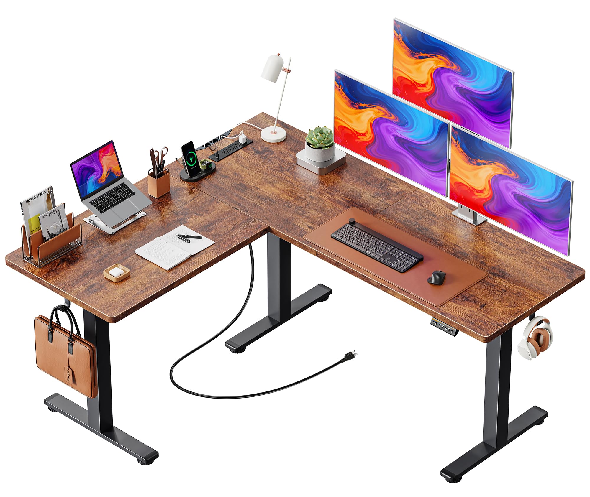 Photo 1 of *** UNKNOWN MISSING PARTS***Huuger L Shaped Standing Desk with Power Outlets, 63 x 55 Inch Height Adjustable Computer Desk for Bedroom, Corner Stand up Desk for Home and Office, Work and Study, Rustic Brown