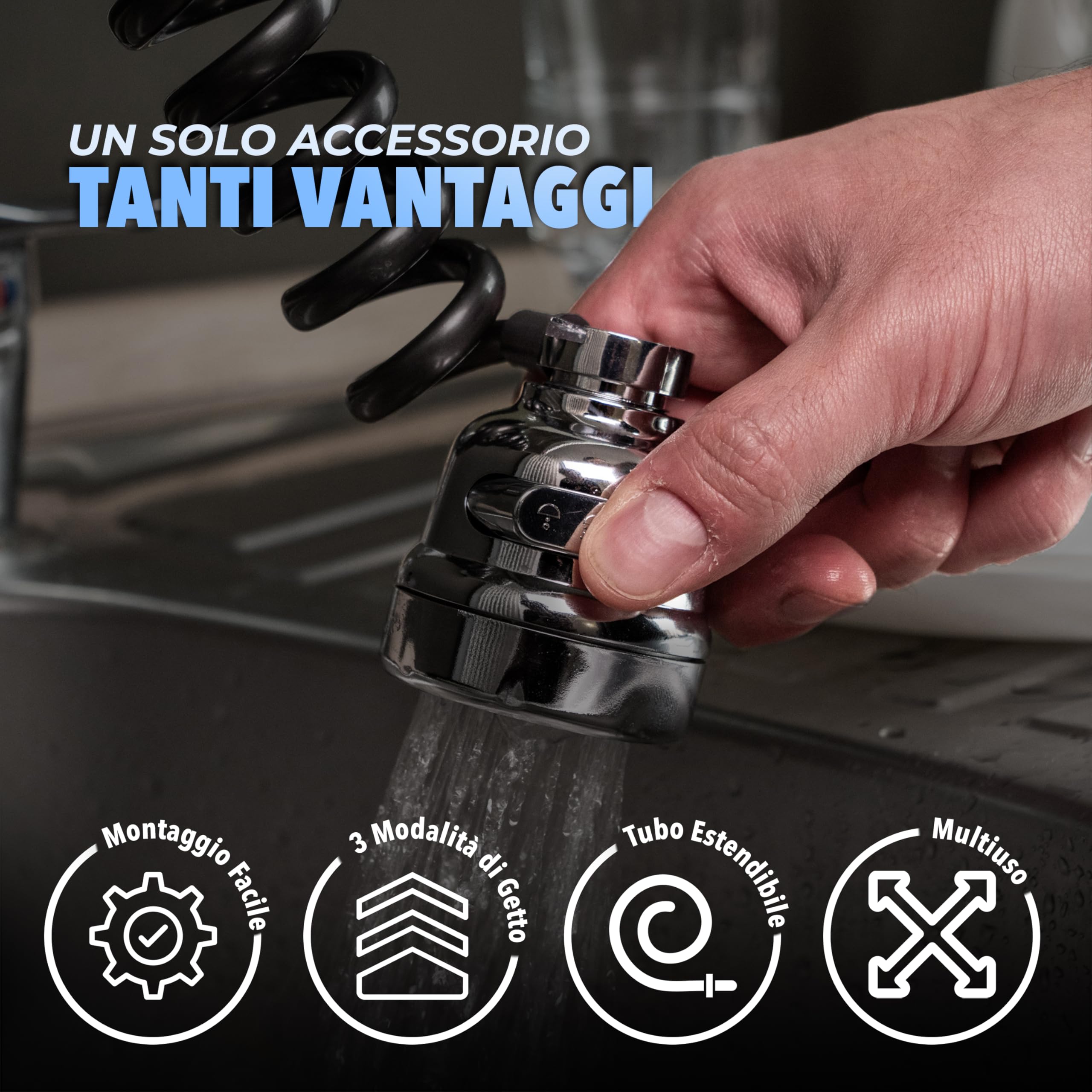 Prolunga Rubinetto con Doccetta Universale, 3 Getti Regolabili, Tubo Elastico Estensibile fino a 65 cm, Filtro Integrato - 5