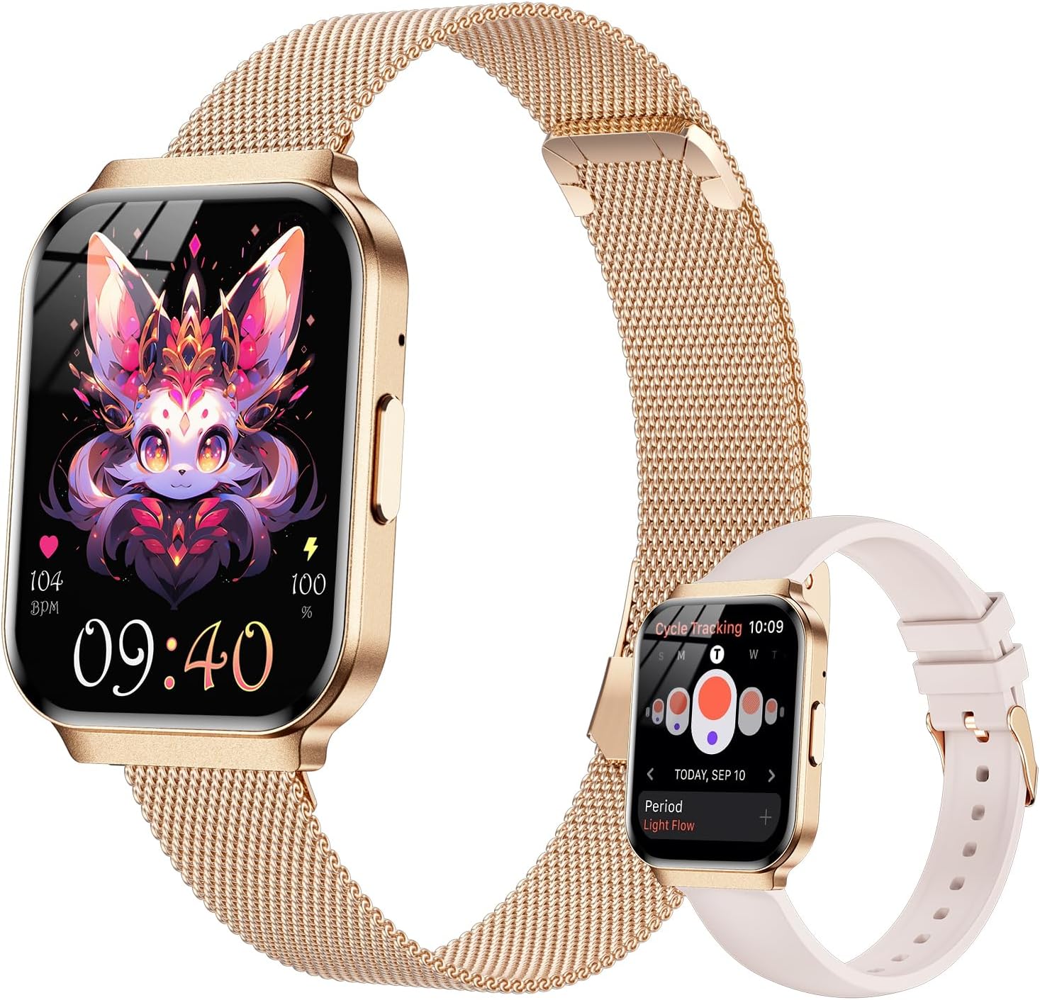 Welfit Women’s Smart Watch, 1.75-inch Blood Pressure, Call/Message, Female Cycle Tracking, Heart Rate and Sleep Monitor, IP68 Waterproof for Android and iOS (Gold 2 Straps)