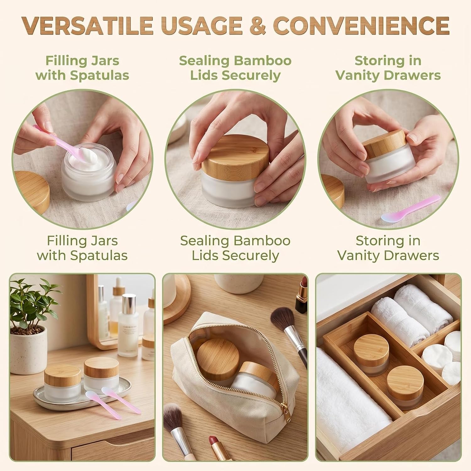 2PCS Travel Size Frosted Glass Jars with Bamboo Lids, 1oz Leak Proof Empty Skincare Containers with 2 Facial Mask Spatulas Spatulas for DIY Cream, Lip Balm, Lotion (0.5, ounces)