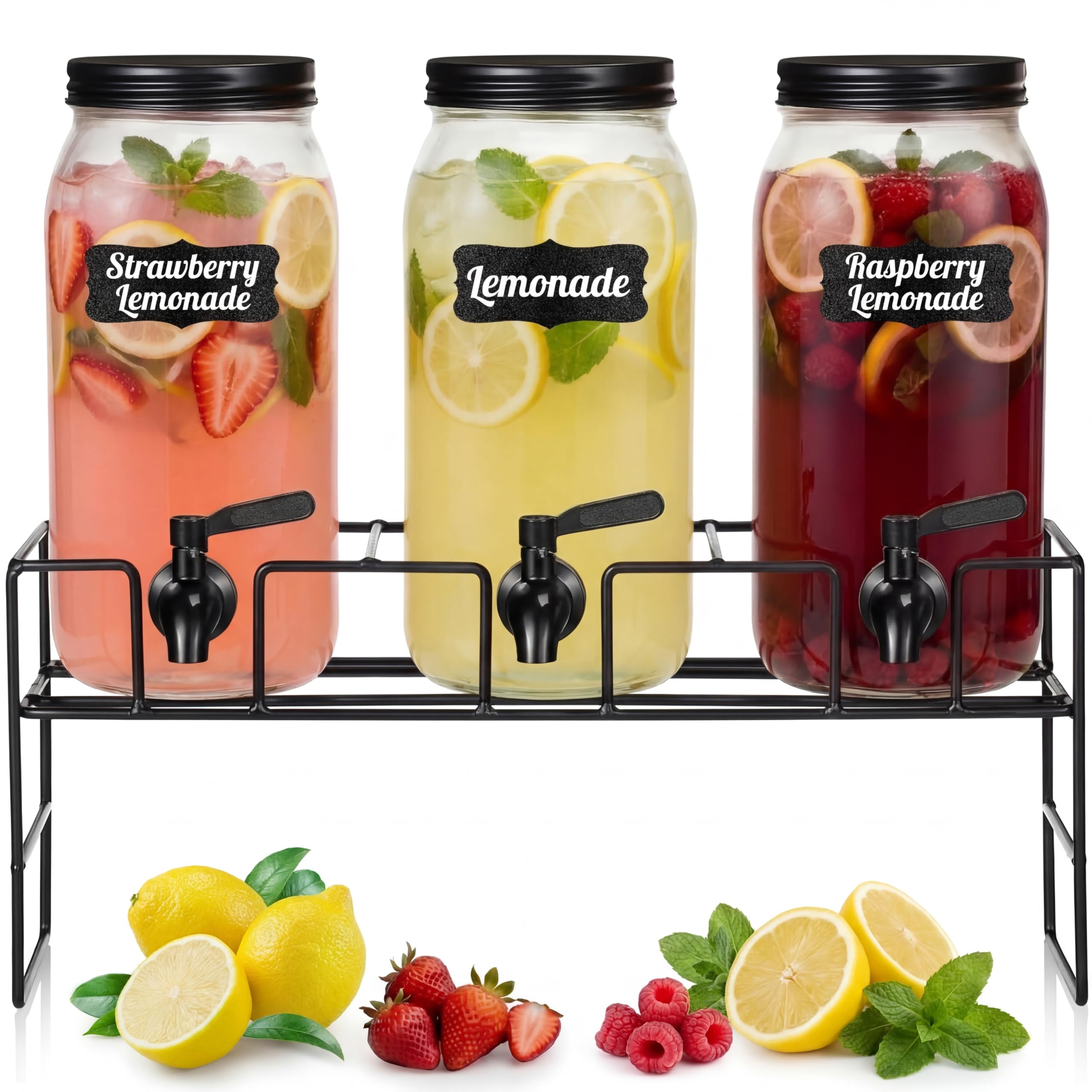 RimCereal 3 Pack 80 oz Glass Beverage Dispenser with Stand Clear Mason Jar Water Dispenser for Party, Fridge Includes Leakproof Stainless Steel Spigot