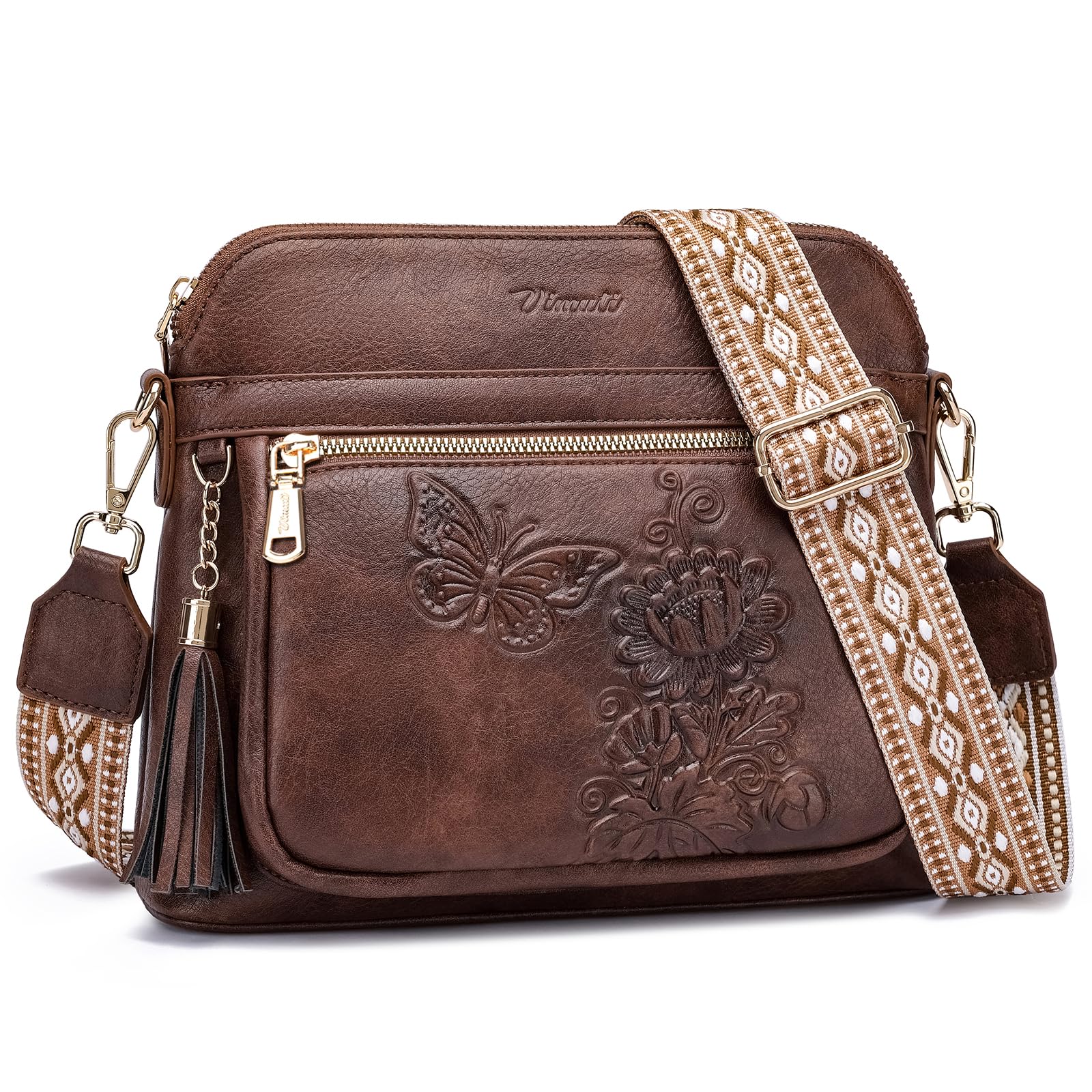 Crossbody Purses for Women Trendy Vegan Leather Crossbody Bag Multi-Pocket Travel Shoulder Handbag with Tassel Embossed Design Adjustable