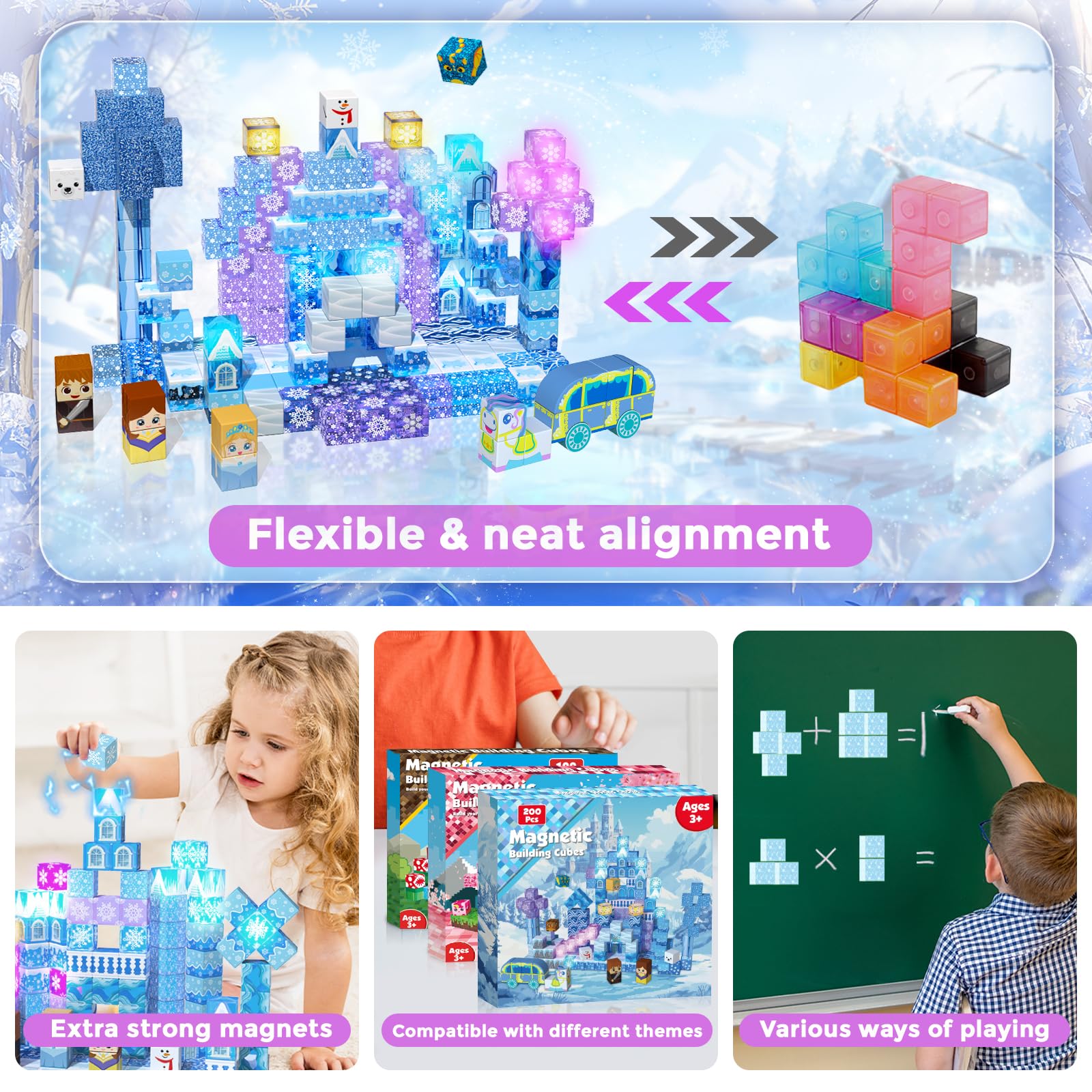 GraceDuck Magnetische Bausteine 200 Teile - Magnetbausteine baust du schneebedeckte Burgen, Tauche EIN in eine märchenhafte Winterwelt, Ideales Lernspielzeug Geschenk für Kinder ab 4-12 Jahren