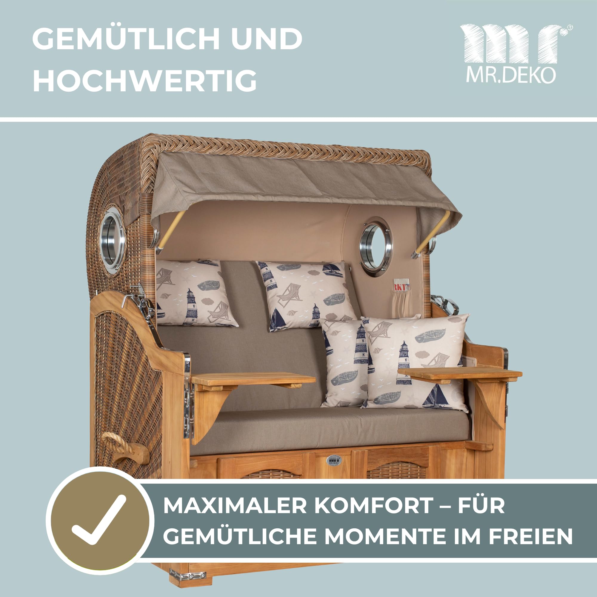 MR. DEKO® Strandkorb Düne Grande XL 2,5-Sitzer Teak | PE Geflecht Banana - Dessin 540 | Volllieger Strandstuhl mit Bullauge inkl. 2 Fußablagen | je 2 Kissen und Nackenkissen | Strandkörbe aus Teakholz