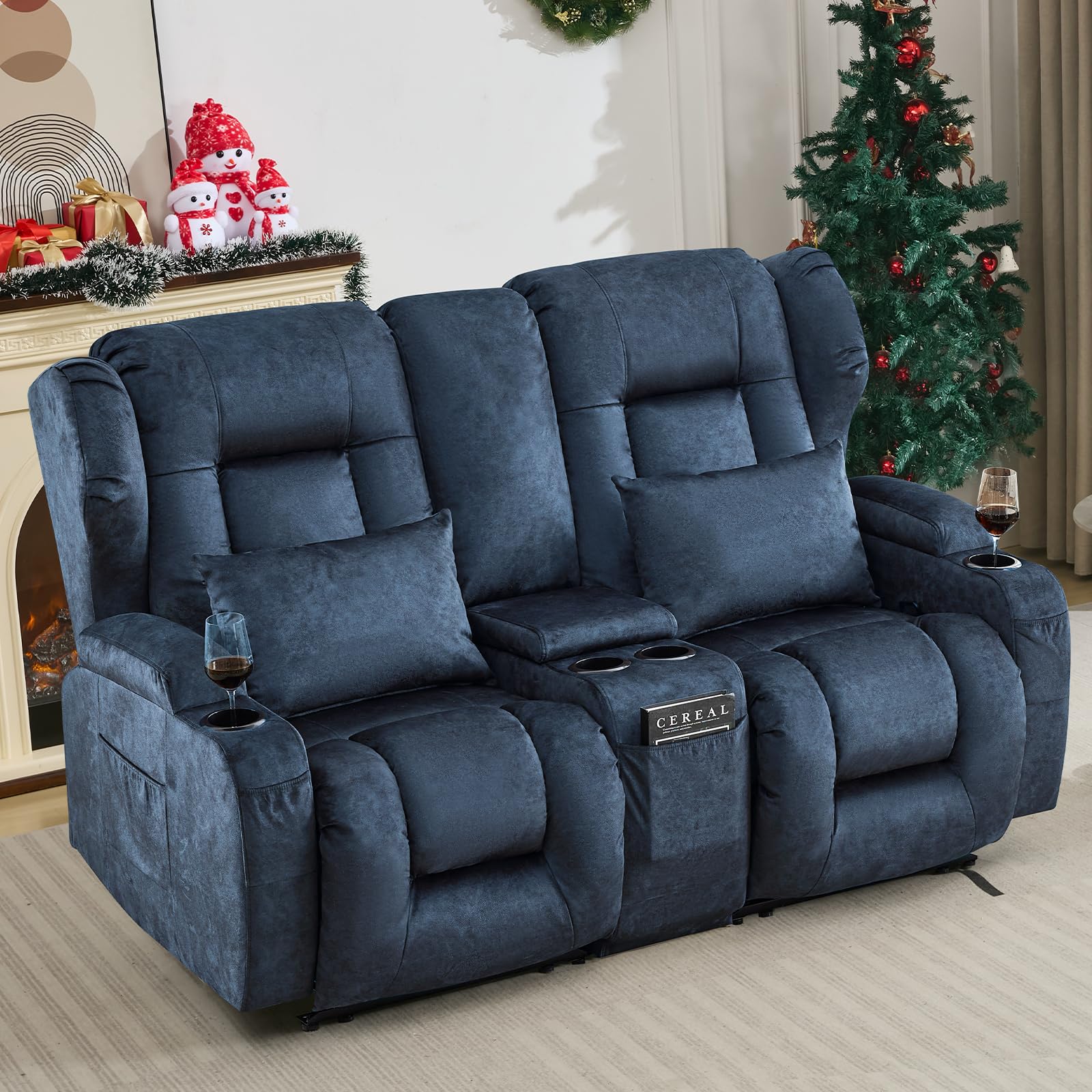 SAMERY 67' RV Loveseat Recliner Sofa, Linen, Wall Hugger, 2 Seats, 350 lbs, Blue, Manual Reclining Home Theater Seating