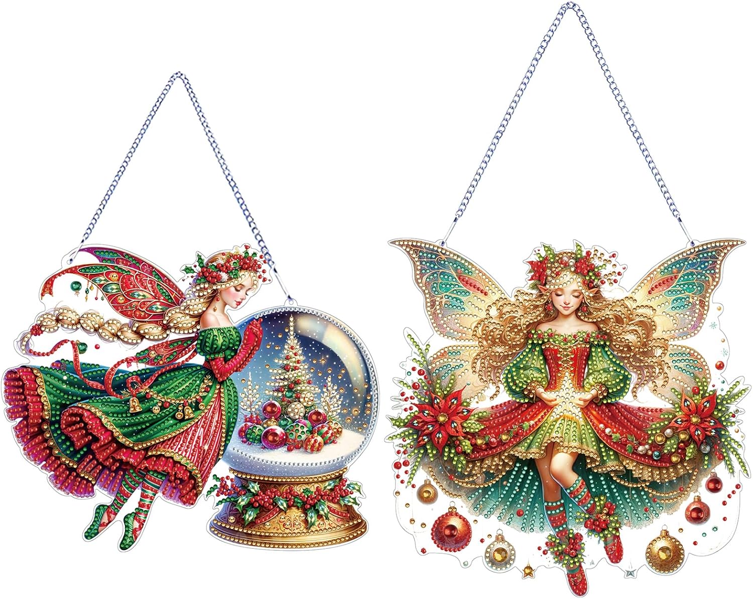 BAYUNOE 2Pcs DIY Christmas Hanging Diamond Pendant Irregular Shape Diamond Art Painting Ornament Double Sided Pattern Single Sided Drill Window Home Garden Wall Door Decor-Fairy