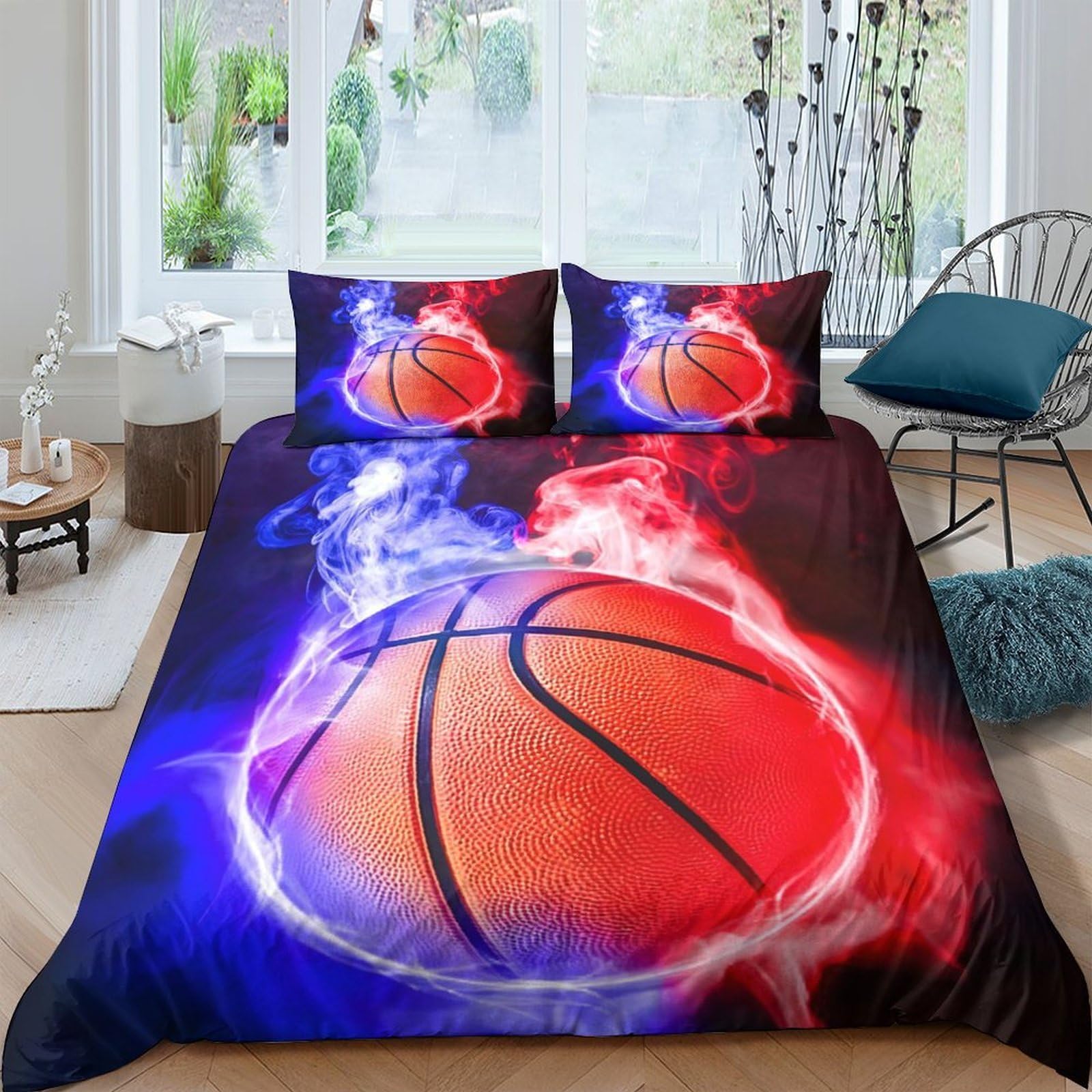 Ctjqhvkz Style-1 3D Printed Basketball Fire Fitted Sheet Microfiber Soft Red Blue Smoke Bed Cover For Bedroom Dorm Mattress Decor Single（135X200cm）