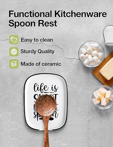 Miniatura 5 de Soporte para cuchara de cerámica grabado, color blanco, patrón de texto, 4.48 pulgadas de ancho x 4.48 pulgadas de largo, apto para lavavajillas,