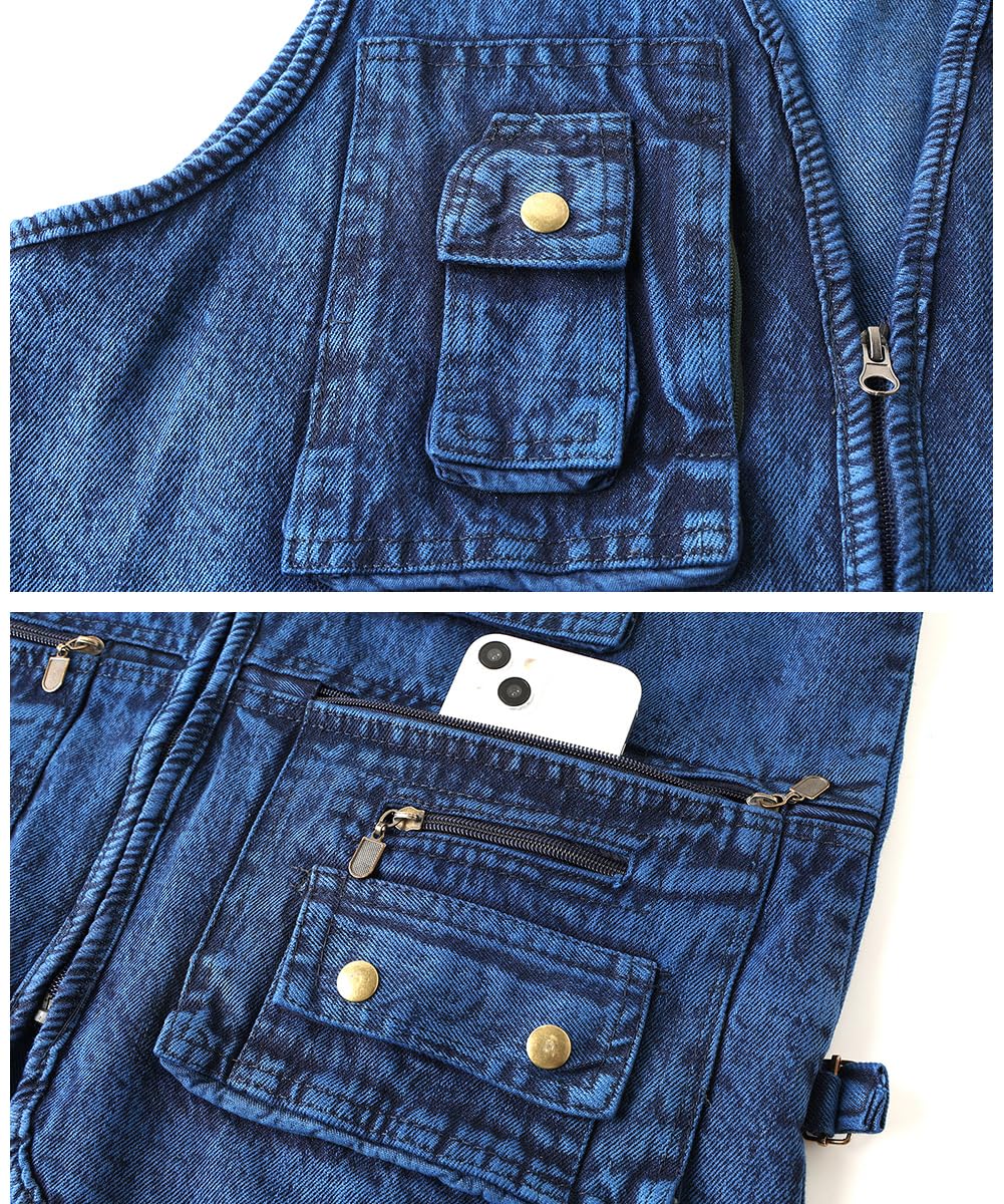 Herren Retro Jeans Weste Motorrad Weste Vintage Kutte Jeansweste Ärmellos Jeans Jacke Denim Weste mit Vielen Taschen
