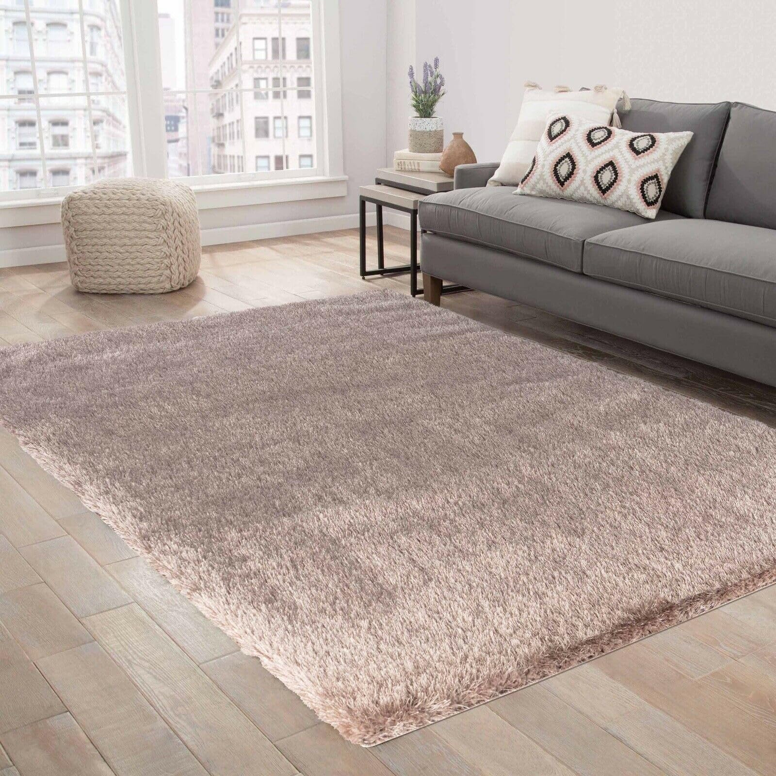 Serdim Rugs Modern Soft Plain Shiny Shimmer Living Room Polyester Shaggy Area Rugs, Bronze, 80x150cm (2'6"x5'0")