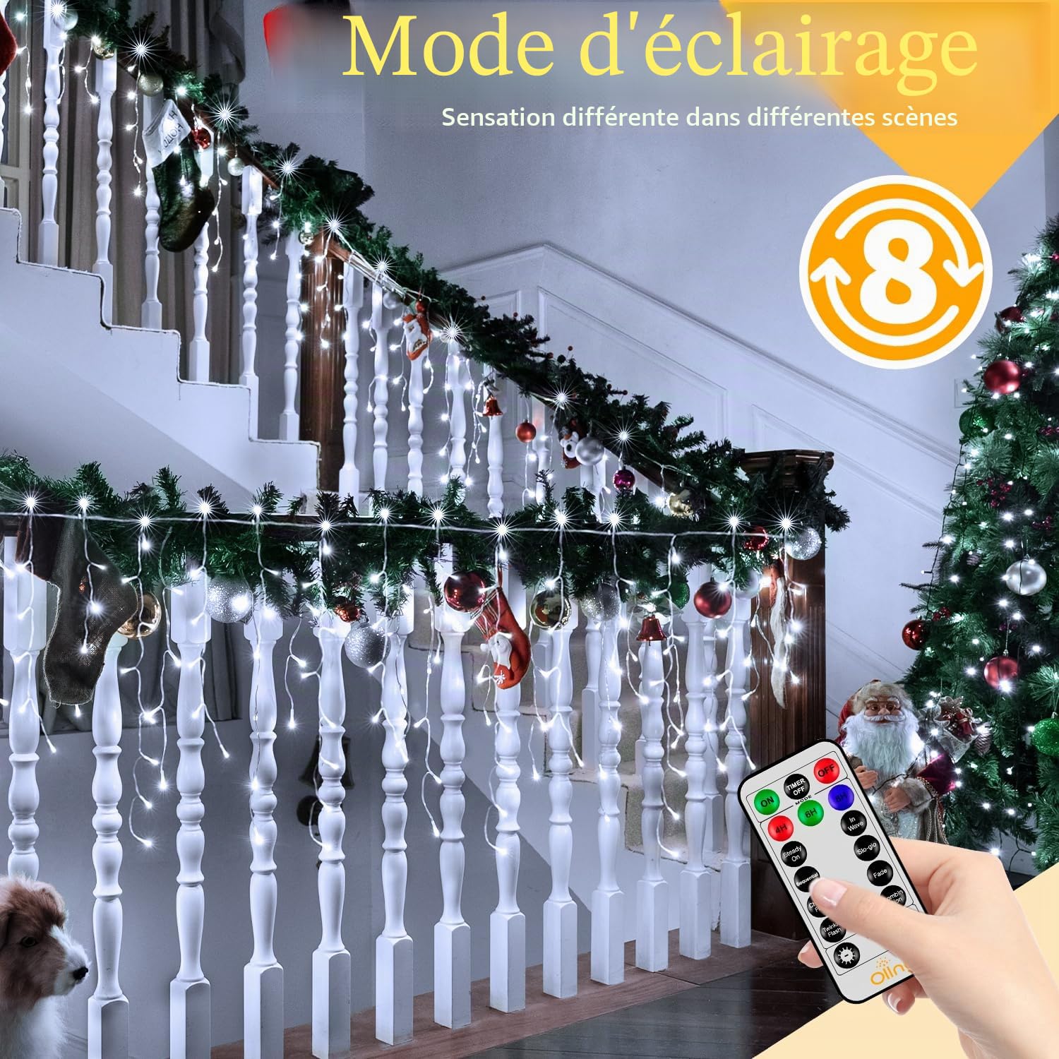 Ollny Pluie Verglaçante Guirlande Lumineuse Extérieure 15M Guirlande Lumineuse Extérieure avec Télécommande Étanche Lumières de Noël Extérieures blanc froid