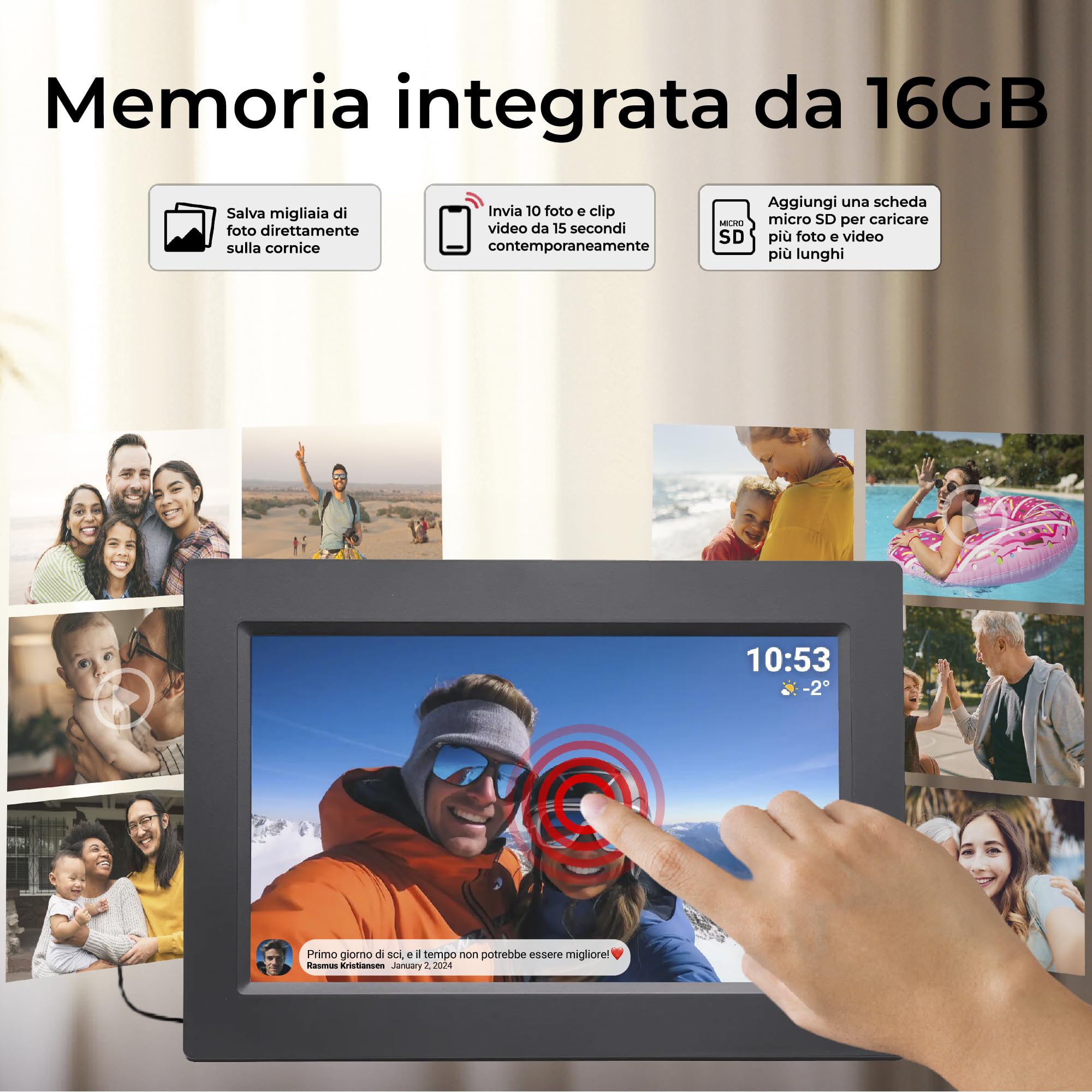 Cornice Digitale 10 Pollici WiFi – Schermo IPS HD 1280x800 – Portafoto Digitale Frameo Denver per Foto e Video – Cornice Elettronica Touchscreen Smart – 16GB Memoria – Slot microSD – Nera