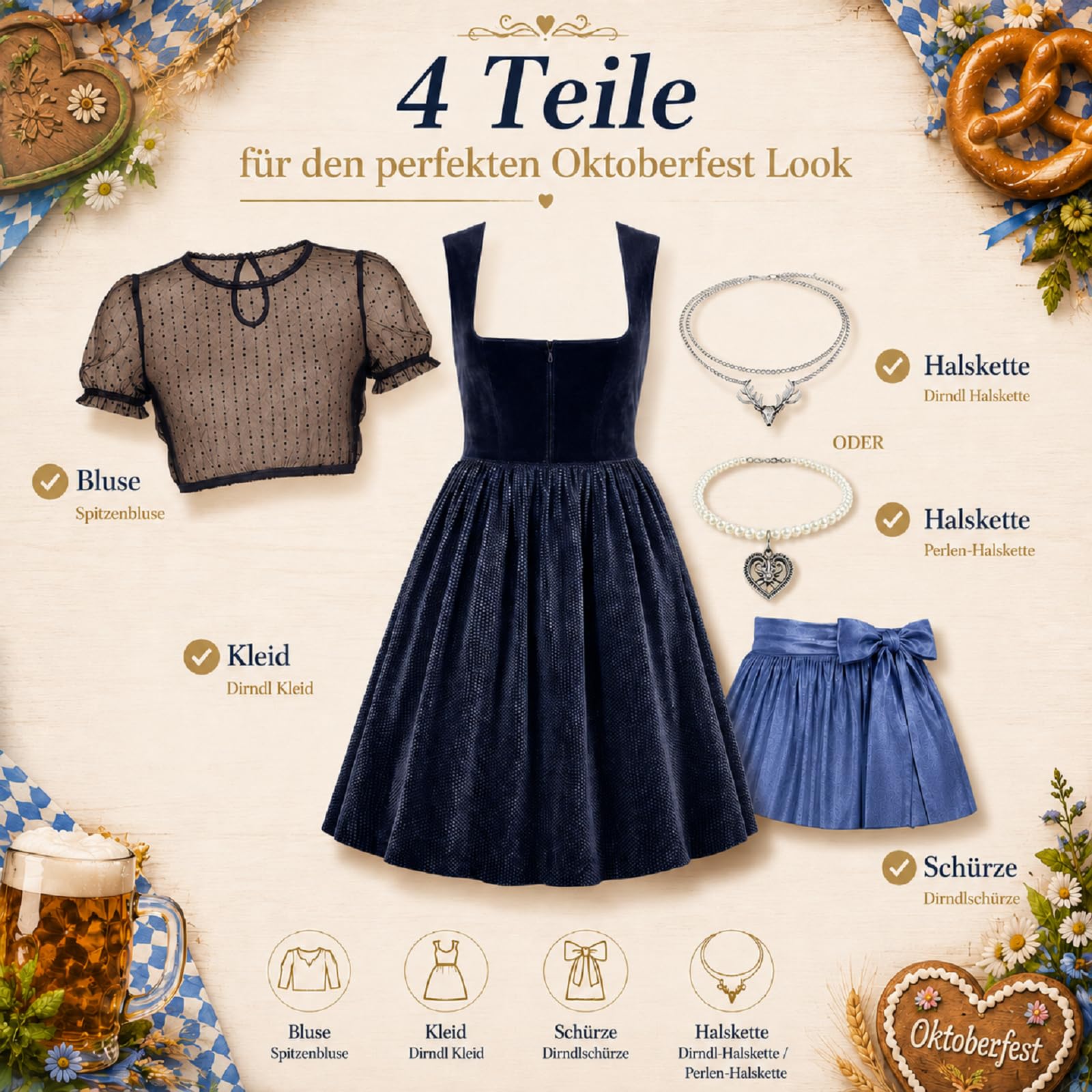 Generisch Dirndl Damen midi Lang Dirndl Trachtenkleid Trachtenrock DirndlKomplettsets Trachtenmode Trachten Damen mit 4 Teilig DirndlSchürze Dirndlbluse Oktoberfest Dresses Dirndlkleid Blau Rot Grün