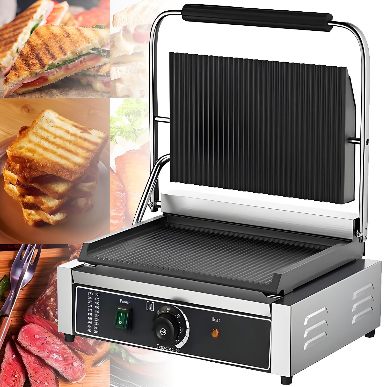 Profesjonalny Elektryczny Grill do Panini,Profesjonalny Opiekacz do Kanapek,Opiekacz do Burgerów,żebrowany Grill Kontaktowy,Regulacja Temperatury Pokrętłem (50~300°C) + Timer 1~5 Minut FY812