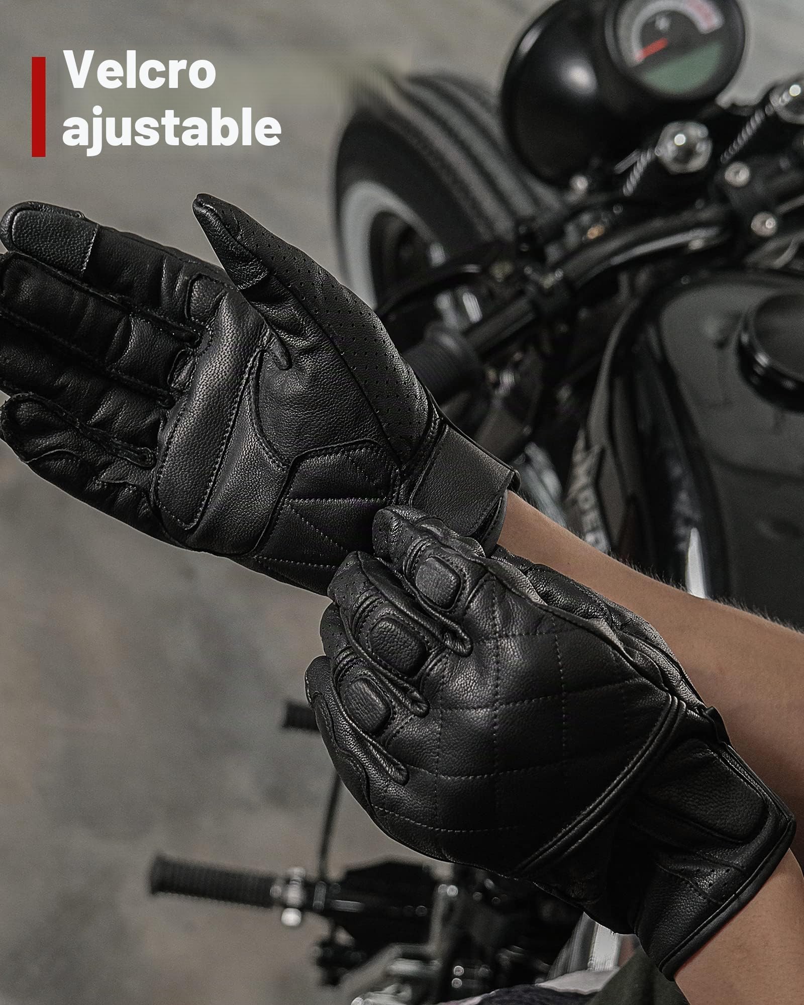 BORLENI Guantes de Moto de Cuero de Piel de Cabra con Pantalla Táctil con Protección de Nudillos de Dedo Completo para Hombre Transpirable para Verano Negro