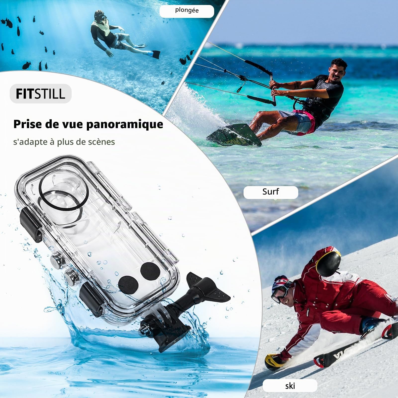 FitStill Boîtier étanche 40 m pour Insta 360 X3, coque PC de protection pour plongée sous-marine, support avec moins de verre