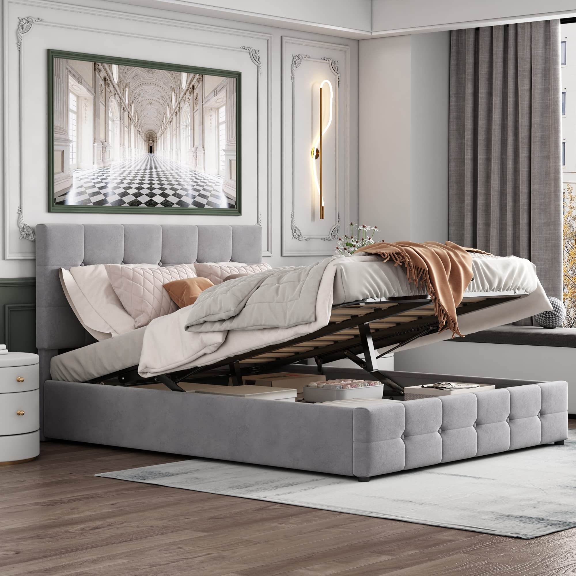 Cama hidráulica de material elevador con espacio de almacenamiento, somier de láminas de metal, funda de terciopelo, ahorra espacio para apartamentos pequeños