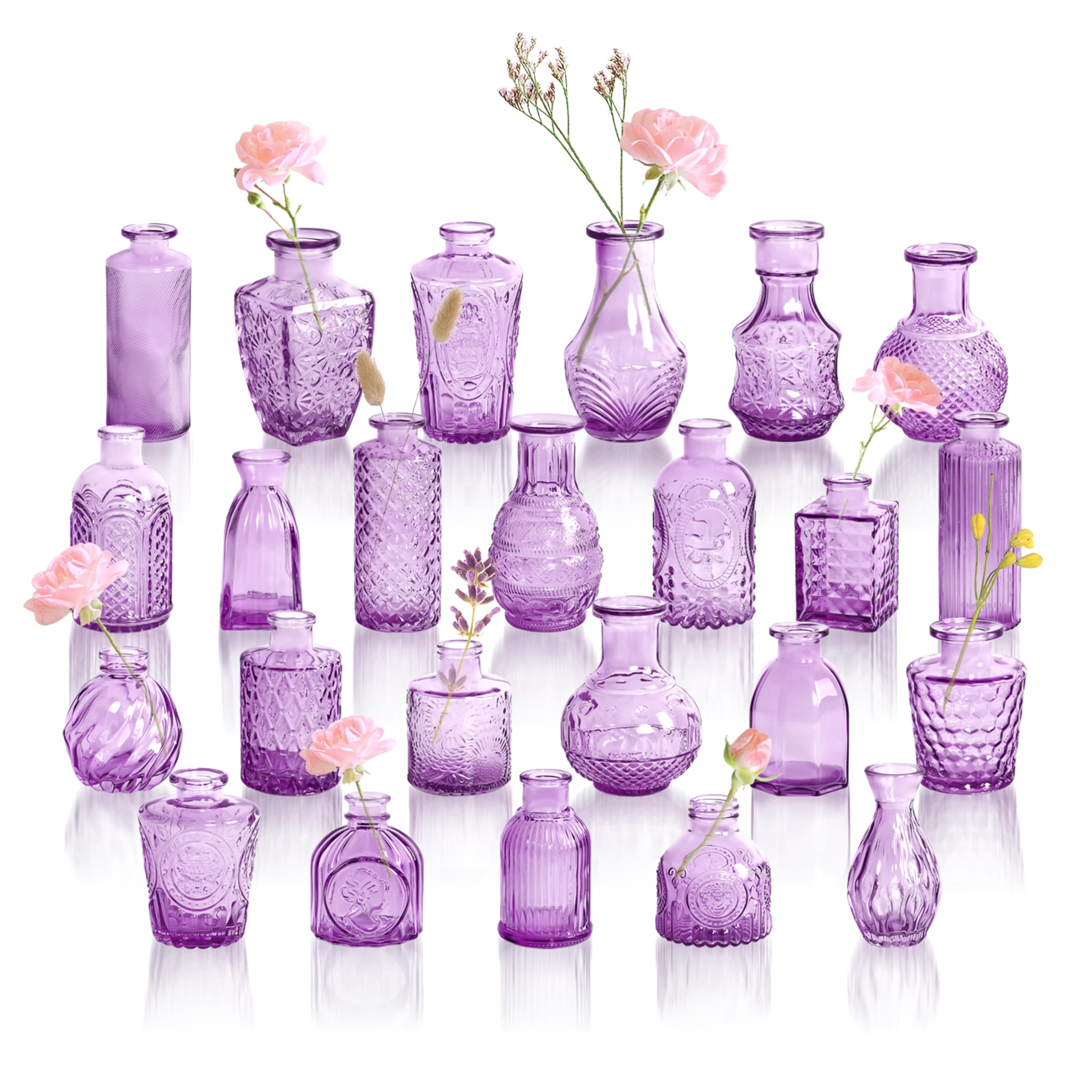 violet purple glass bud vases in bulk 24, vintage small vases for flowers, table centerpieces, mini flower vase bottle decorative vase set for wedding, party, baby shower, holiday, home decor