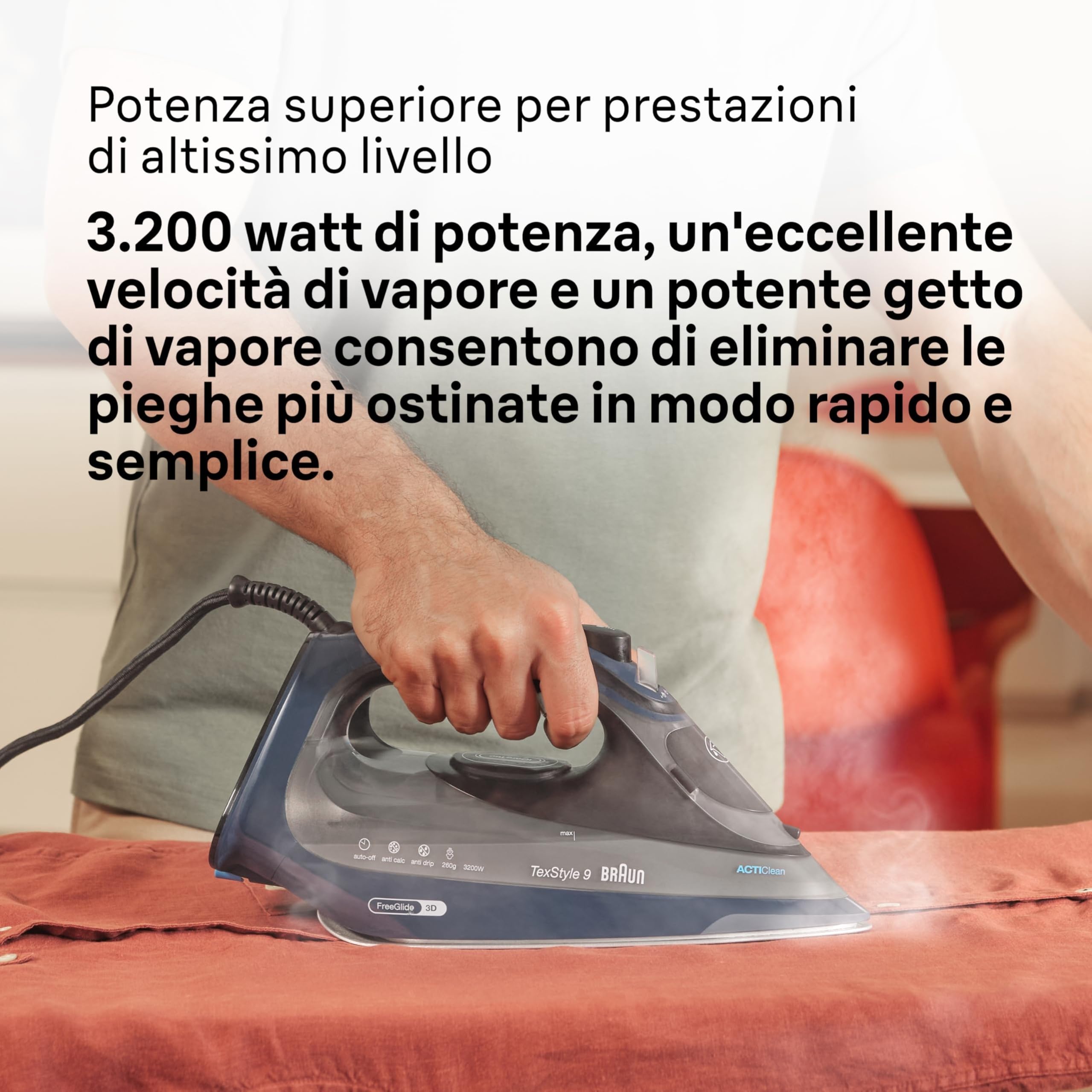 Braun TexStyle 9 SI9682DB Ferro da Stiro a vapore con 5 Anni di Assistenza, Colpo Vapore 260g/min, Modalità ECOMODE Risparmio Energetico, Piastra Freeglide 3D Eloxalplus, Serbatoio 330ml, Blu