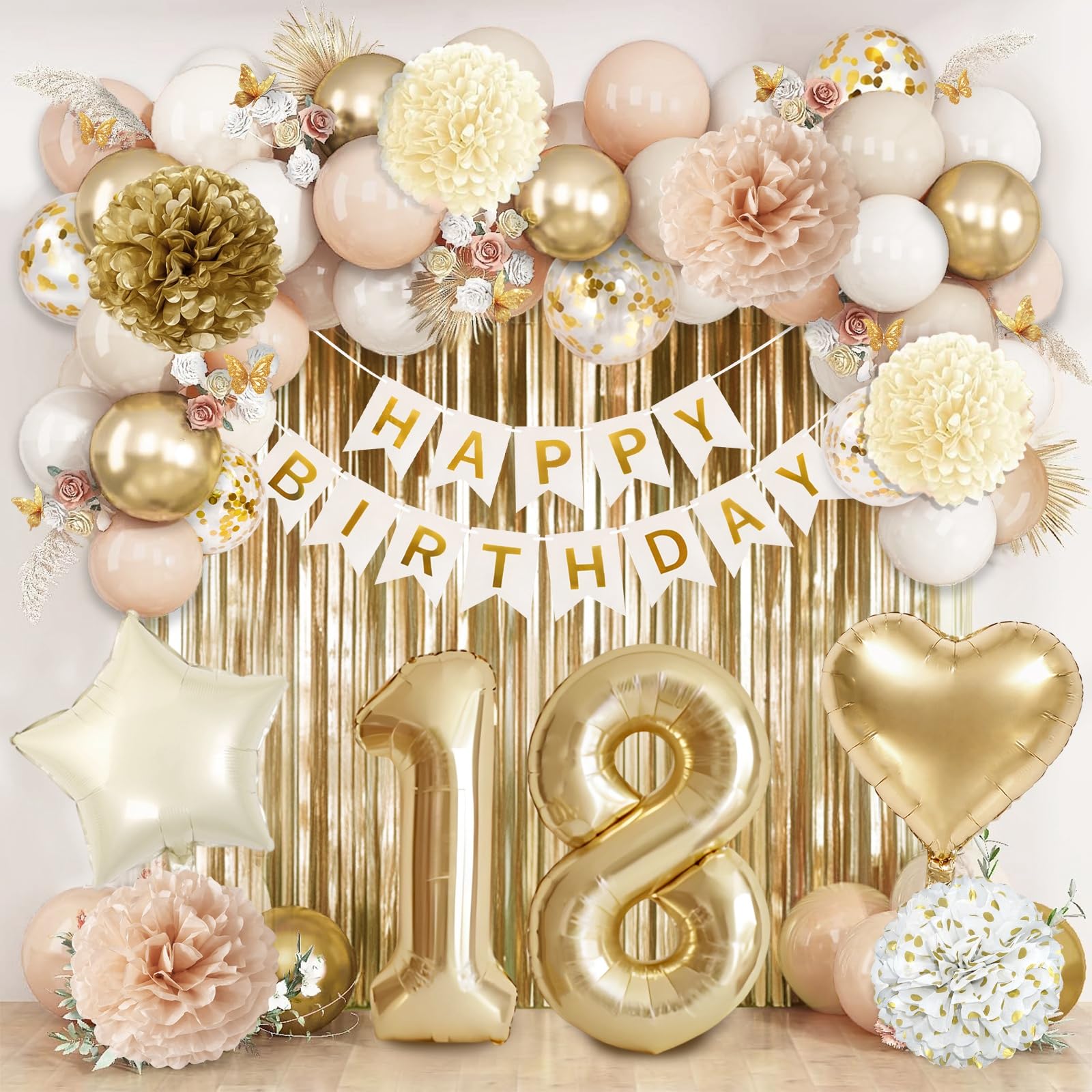 18th Birthday Decorations Gold White Beige, Cream White Gold Birthday Balloons with Happy 18th Birthday Banner, Gold Balloons, Tinsel Curtains,Star Heart Foil Balloons,Paper Pom Poms Party Decorations