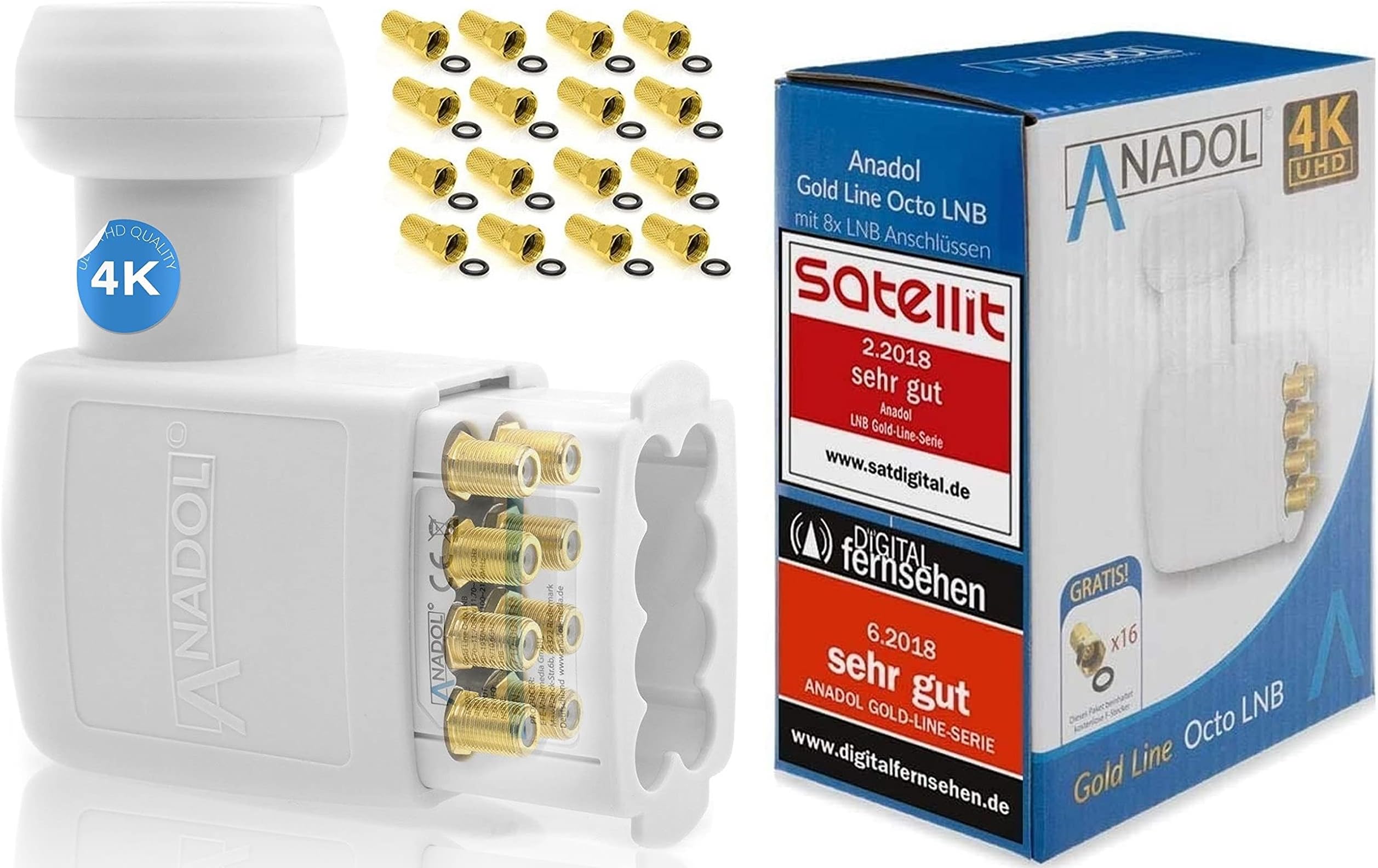 Anadol Gold Line LNB 0.1 dB including gold-plated F-plugs.