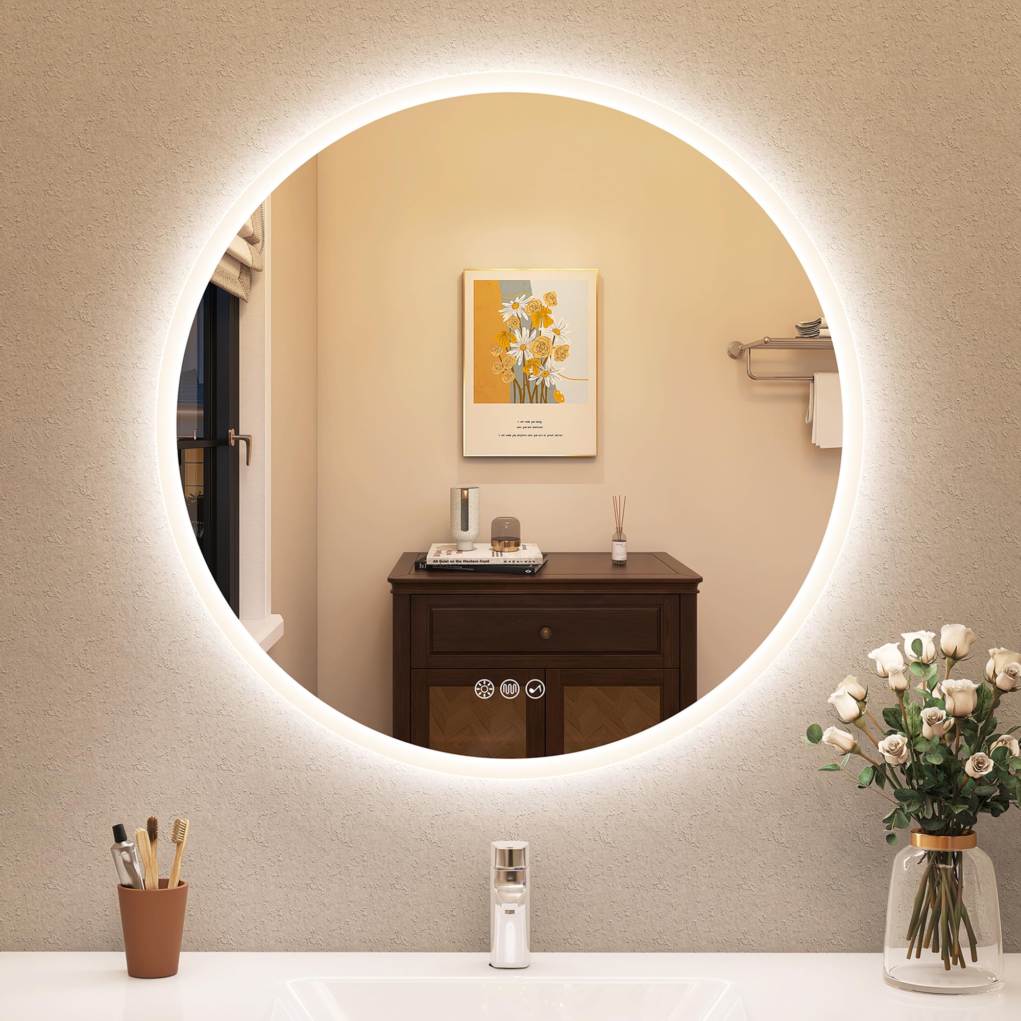 STARLEAD 800 mm Round-Bathroom-Mirror-with-LED-Lights, Bluetooth, Anti-Fog, LED-Bathroom-Wall-Mounted-Mirror 3 Colors Dimmable, HD Tempered Glass, Memory Function, IP44 Waterproof