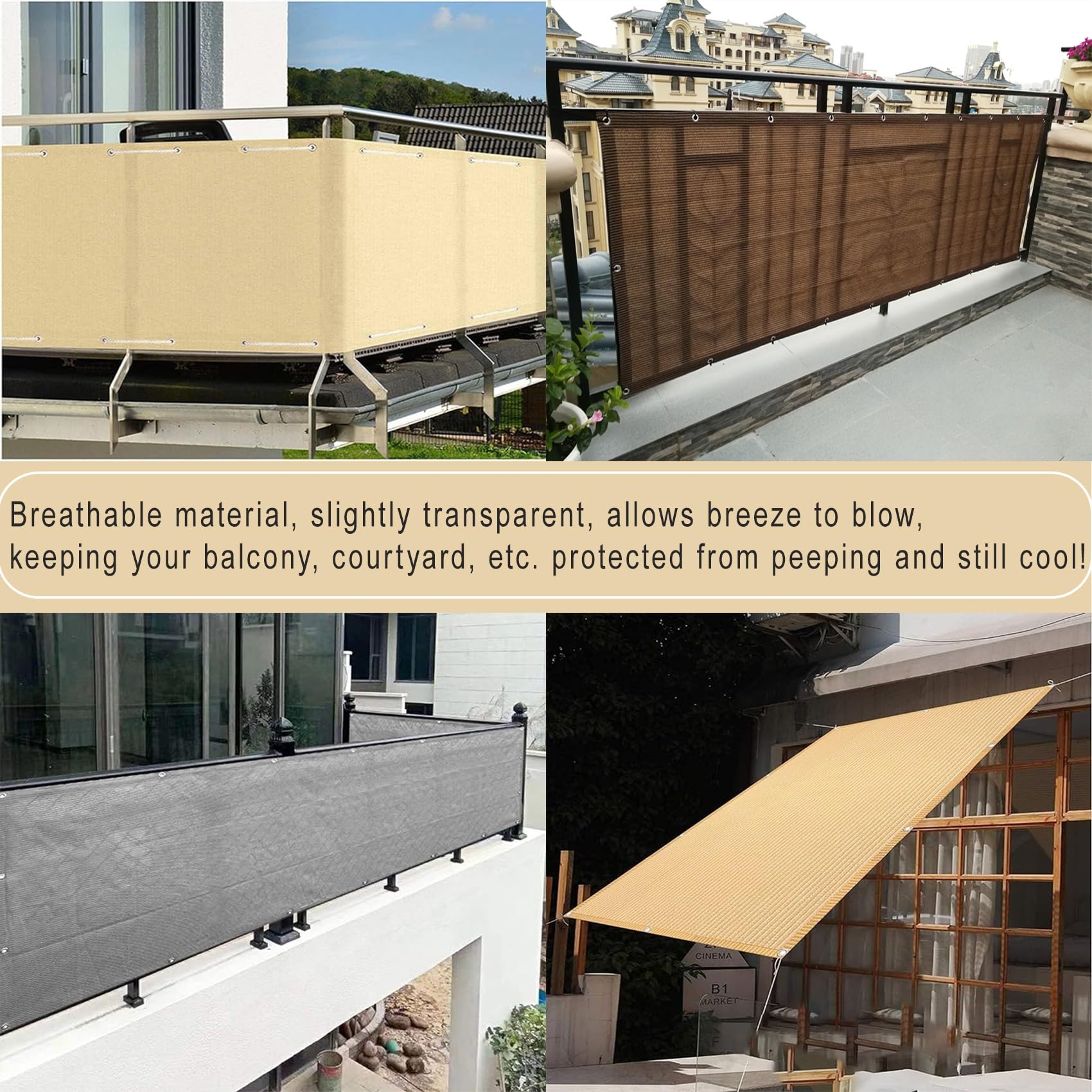 Osłona na balustradę balkonową, 120 x 850 cm, odporna na działanie promieni UV, odporna na warunki atmosferyczne, osłona na balustradę tarasową, z przelotkami i wiązaniami, szara, idealna na tarasy i