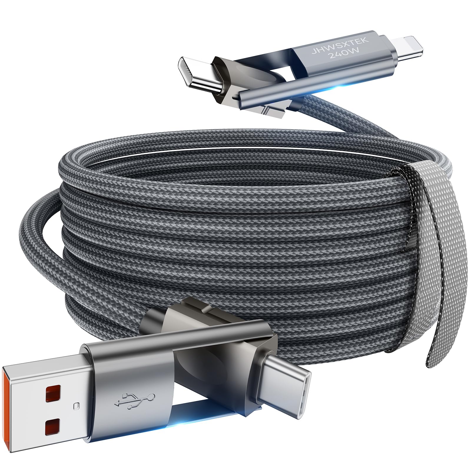 Cable de carga 4 en 1, 10 ft, 240W, compatible con múltiples dispositivos.