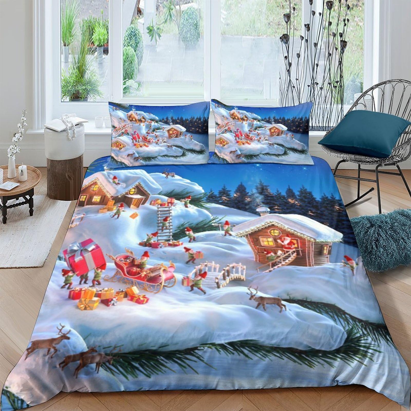 Ctjqhvkz Style-4 3D Printed Winter Snow Village Fitted Sheet Microfiber Soft Christmas Cabin Mattress Cover For Bedroom Guest Room Decor Single（135X200cm）