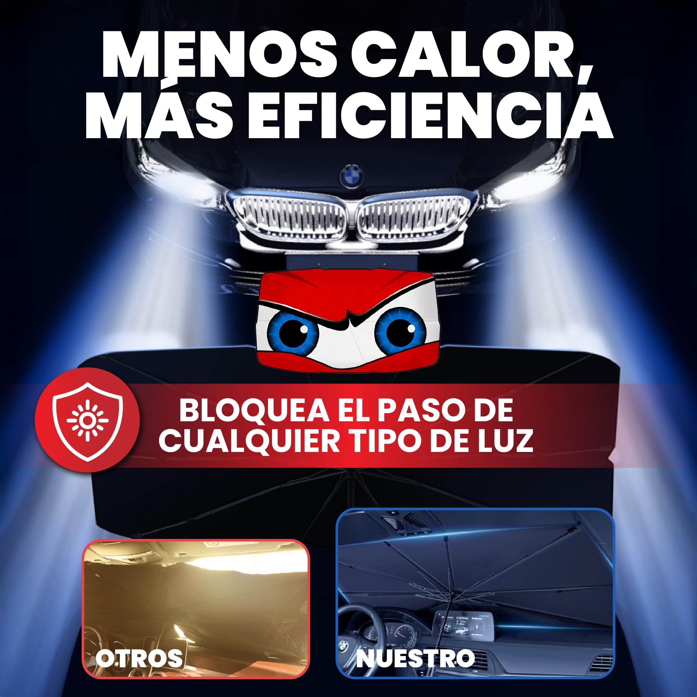 Parasol Coche Delantero 140 cm x 80 cm, Protector Solar de SUV y Camión, Parasol Paraguas Coche de Poliéster, Plegable con Eje Giratorio 360º y Revestimiento de Titanio, Resiste a los Rayos UV