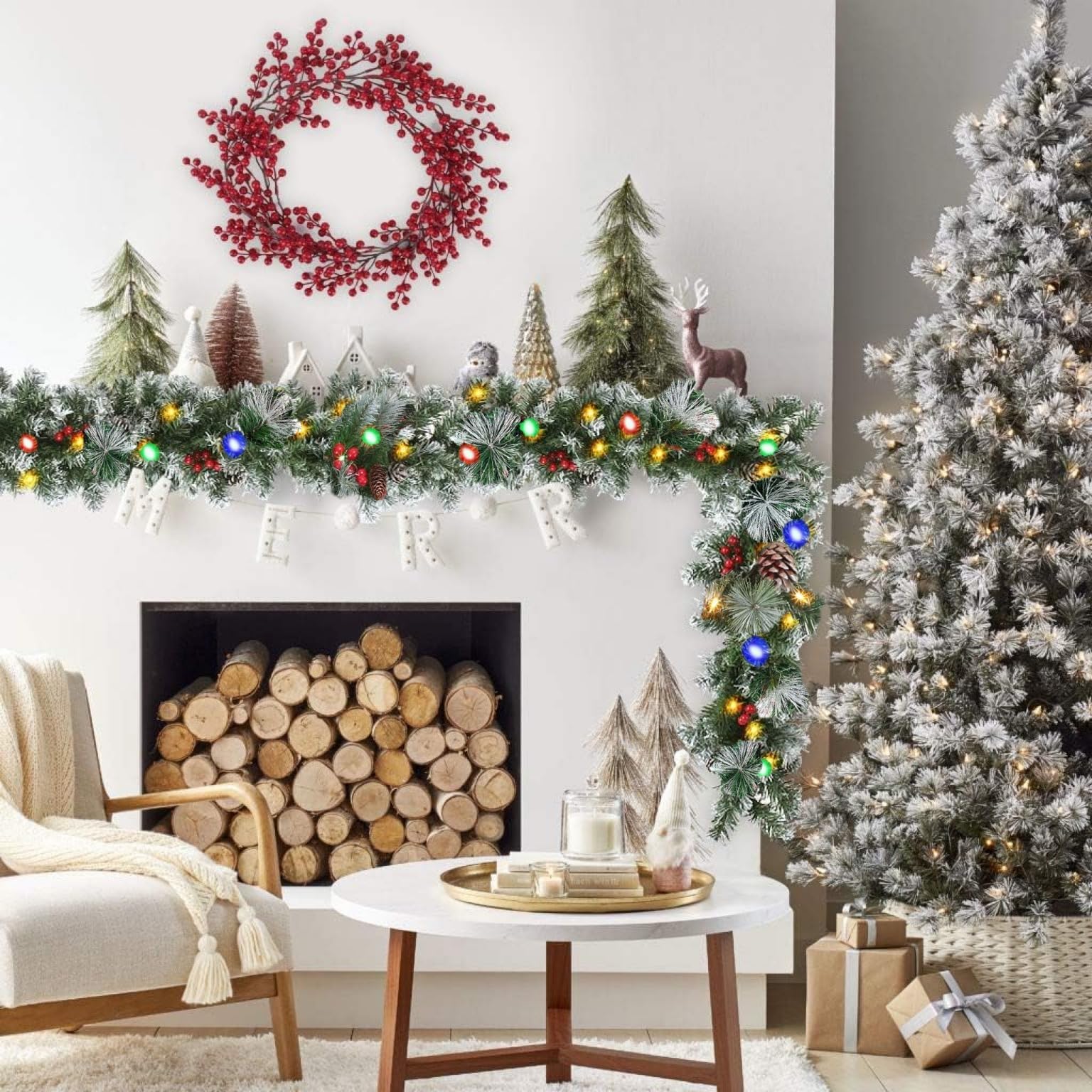 Weihnachtsdekoration, Girlande, 1,8 m, Weihnachtsgirlande mit Lichtern für Zuhause, Treppen, Kamine, Wände, künstliche Girlanden, Weihnachtsdekoration für drinnen und draußen