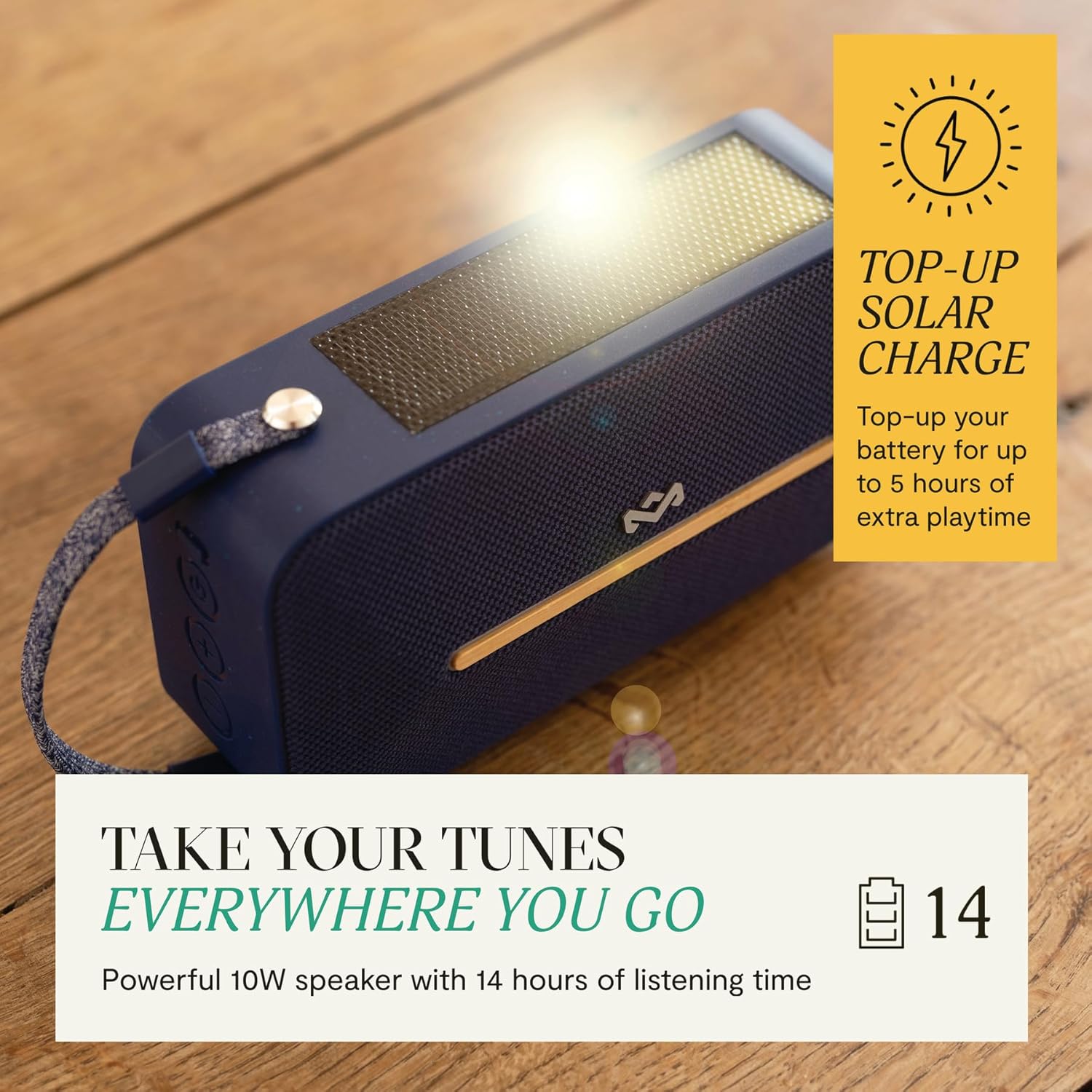 House of Marley Rise Up Solar Bluetooth Speaker, IP67 Waterproof, 14H Playtime, Solar Charging, Quick Charge, Eco-Friendly Recycled Materials, Bamboo Design & Bottle Opener (Blue) - Image 3