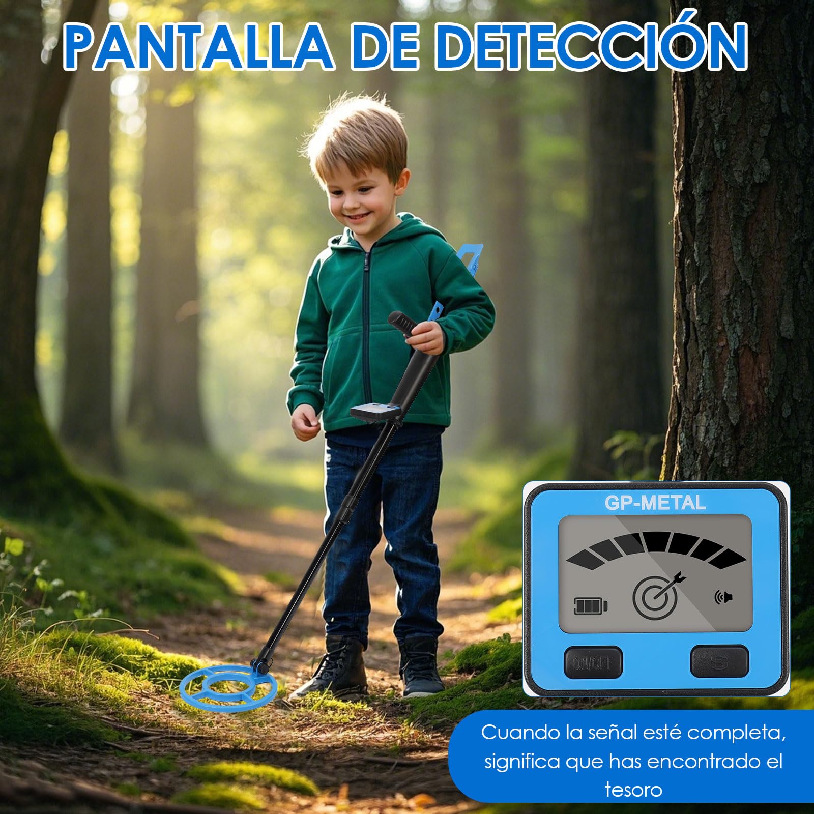 Detector de Metales para Niños, Detector Metales con Pantalla LCD, Alta Precisión, Mango Ajustable, Bobina de Búsqueda, para Niños, Exploración al Aire Libre