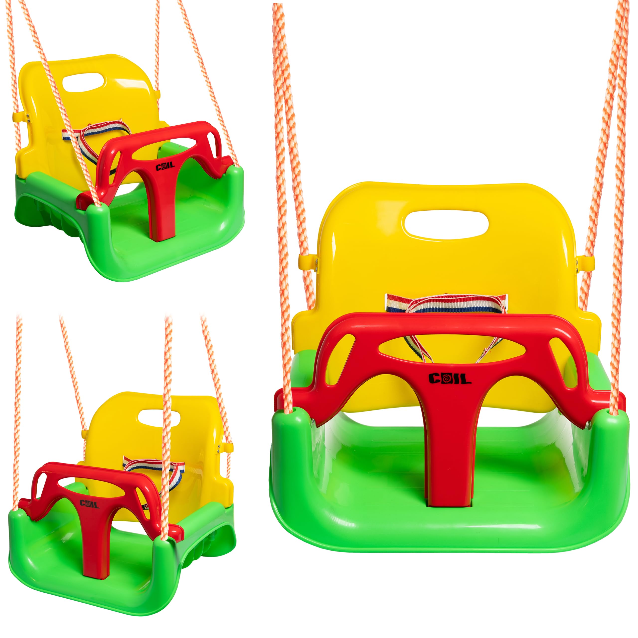 COIL Columpio infantil para exteriores, 3 en 1, columpio ajustable para niños, para interior con respaldo, columpio para interiores (C0348-Grun)