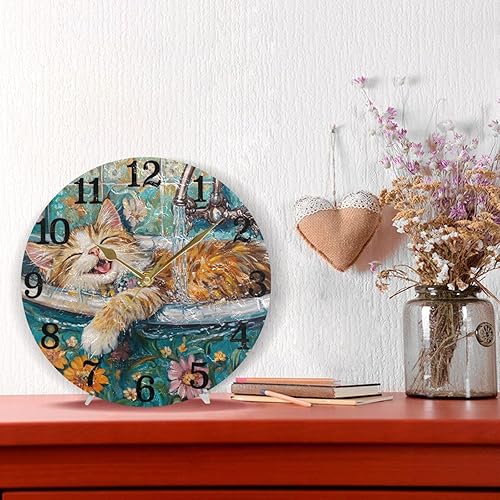 Miniatura 6 de KLL Cute Norwegian Safari Cat Cats Retro Bathtub 10 Inch Round Office Clocks Wall no Ticking Noise Decor for Living Room School Home reloj de pared