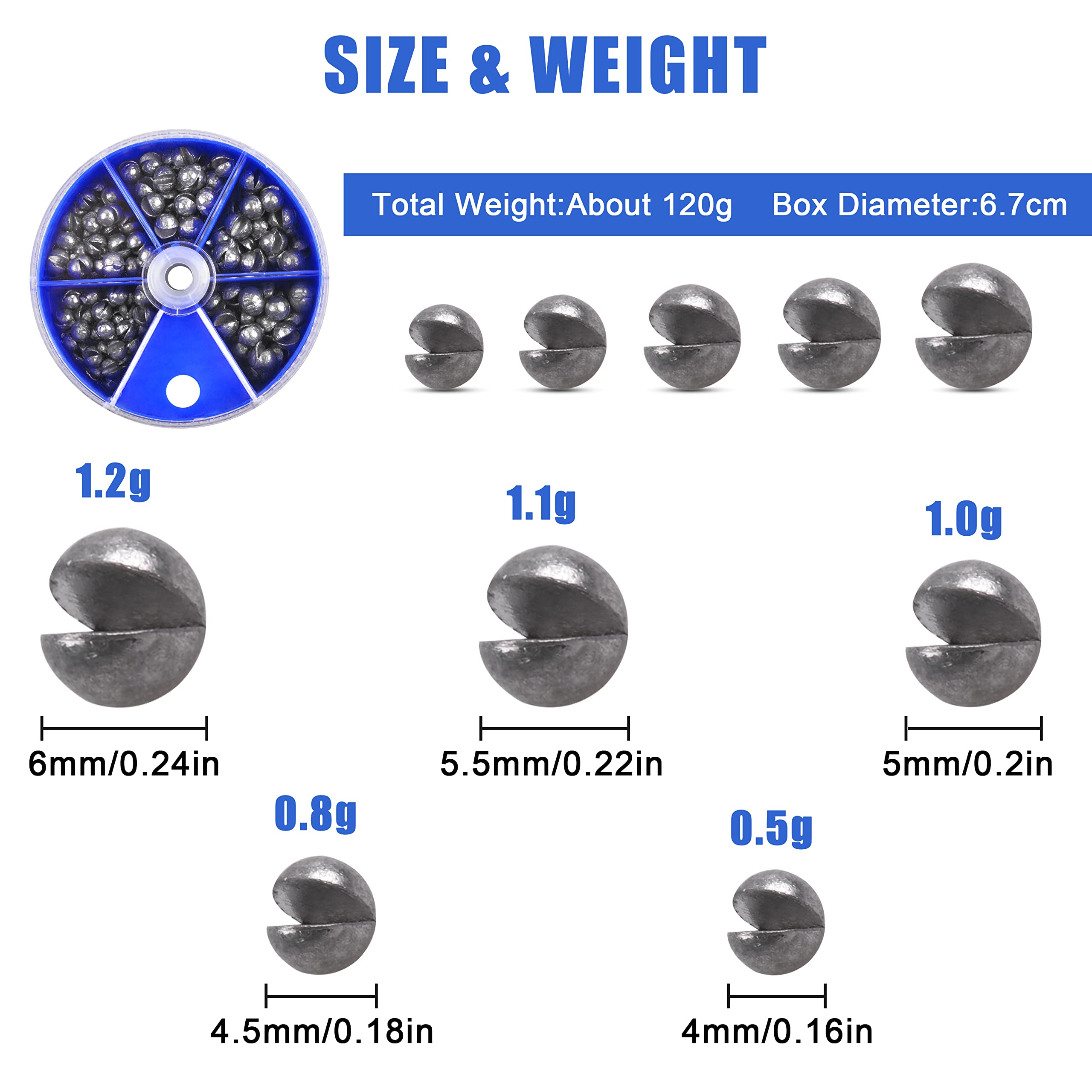 Split Shot Fishing Weights Kit, 4.23oz/Box Round Split Shot Fishing Sinkers Removable Small Fishing Egg Weights Fishing Gear Tackle 7 Sizes