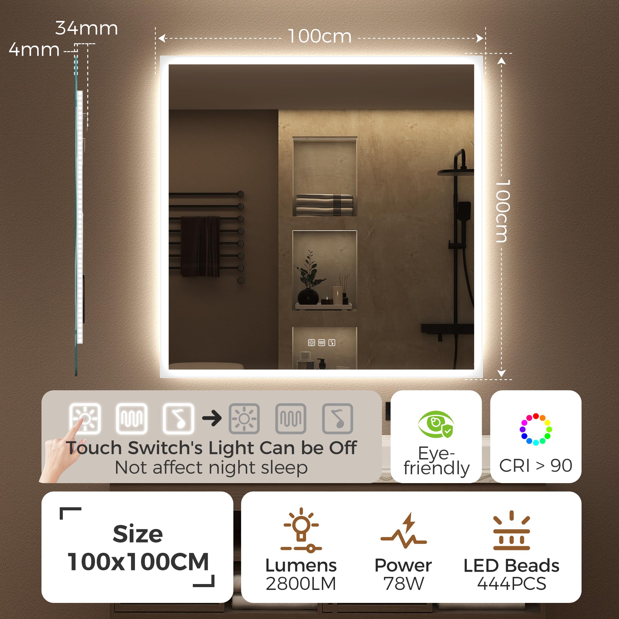 STARLEAD Espejo de baño con iluminación 100 x 100 cm, espejo LED con Bluetooth, antivaho, IP44, espejo de baño con luz, 3 temperaturas de color, regulable, función de memoria, vidrio templado HD
