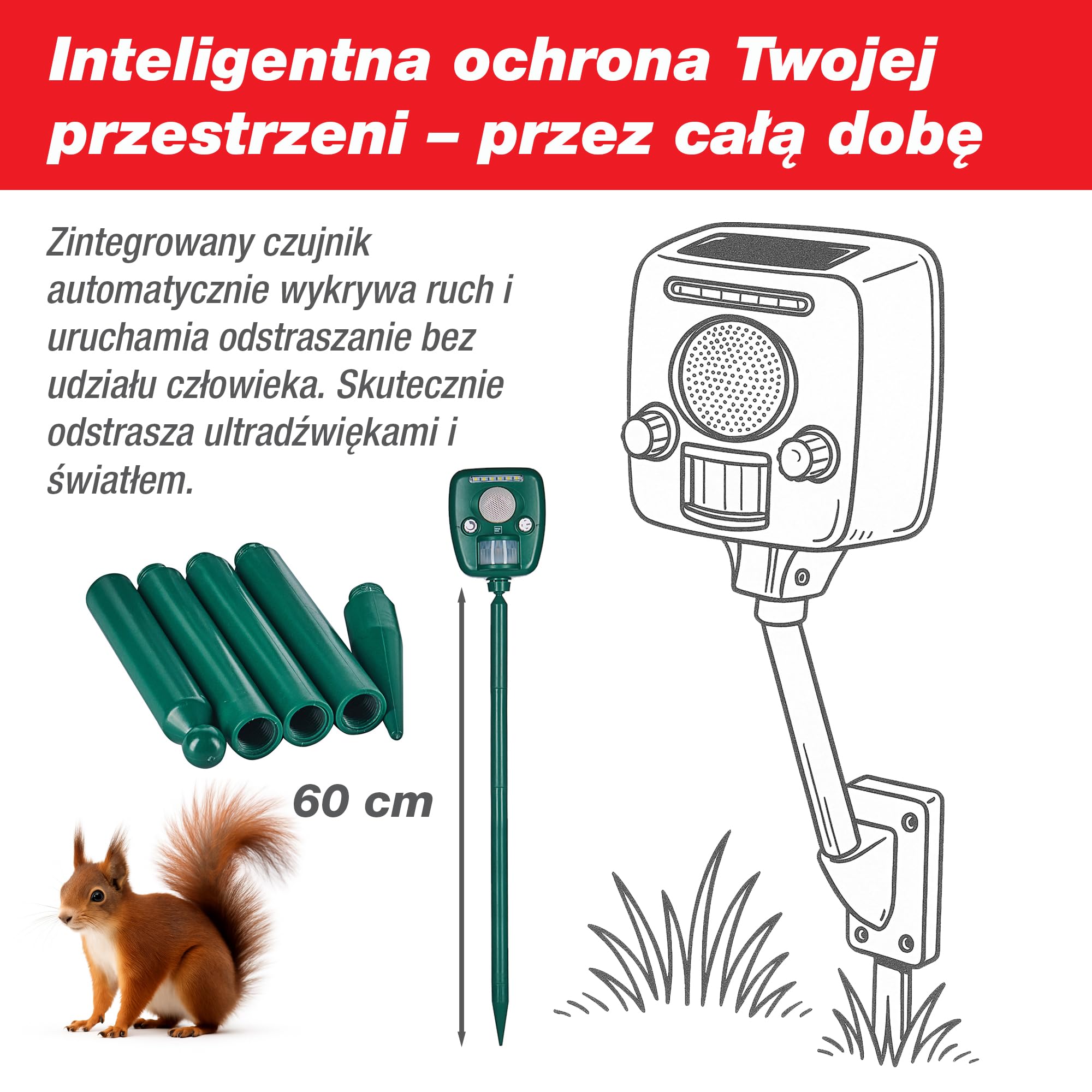 SWISSINNO Odstraszacz Ultradźwiękowy PRO – Na Koty Psy Lisy Zające Jeże – Czujnik Ruchu + LED + Syrena – Zasilanie Słoneczne – Zasięg do 150 m²