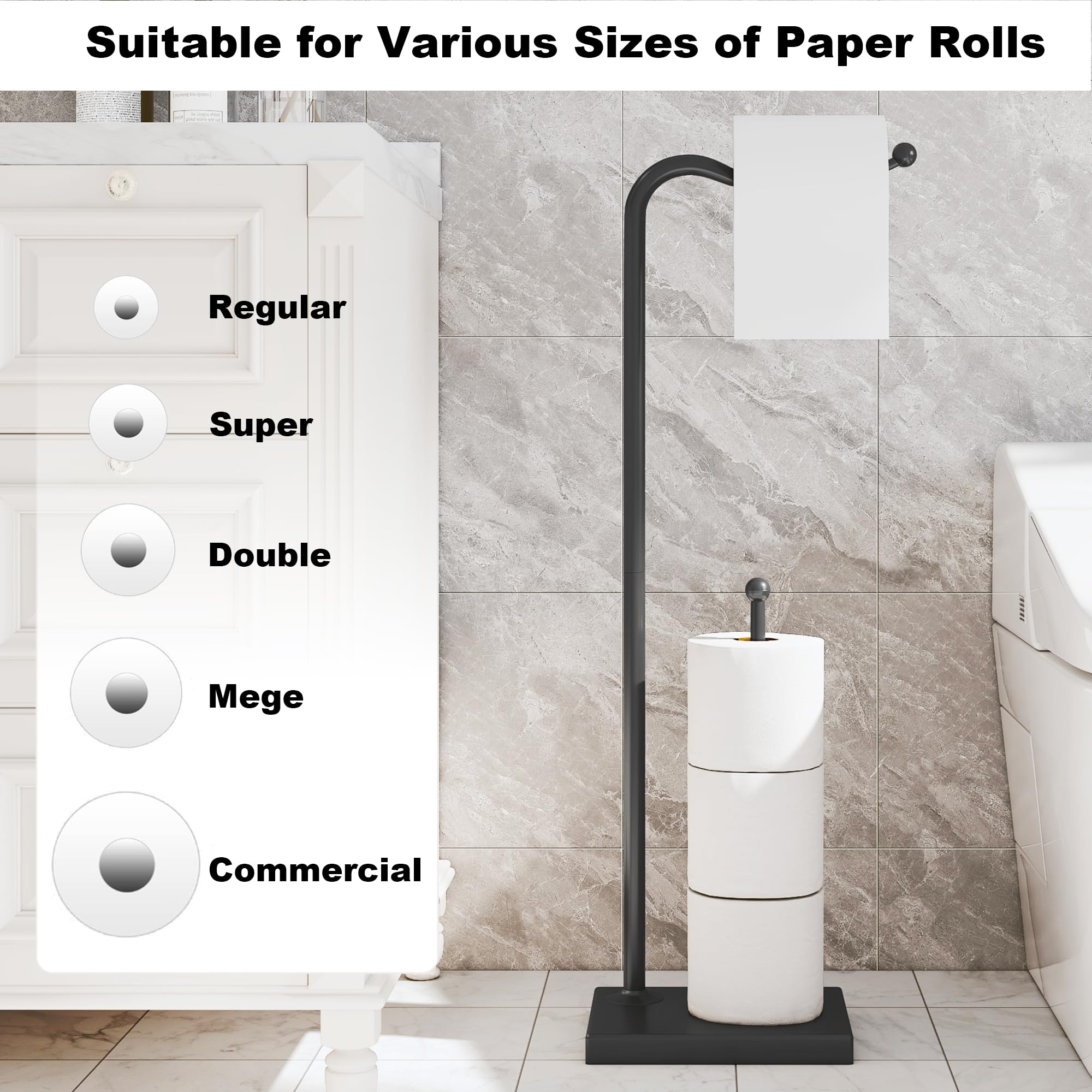 Toilet Paper Holder Stand - Free Standing Bathroom Toilet Paper Holder with Black Finish Tissue and Roll Storage Organizer - Image 3